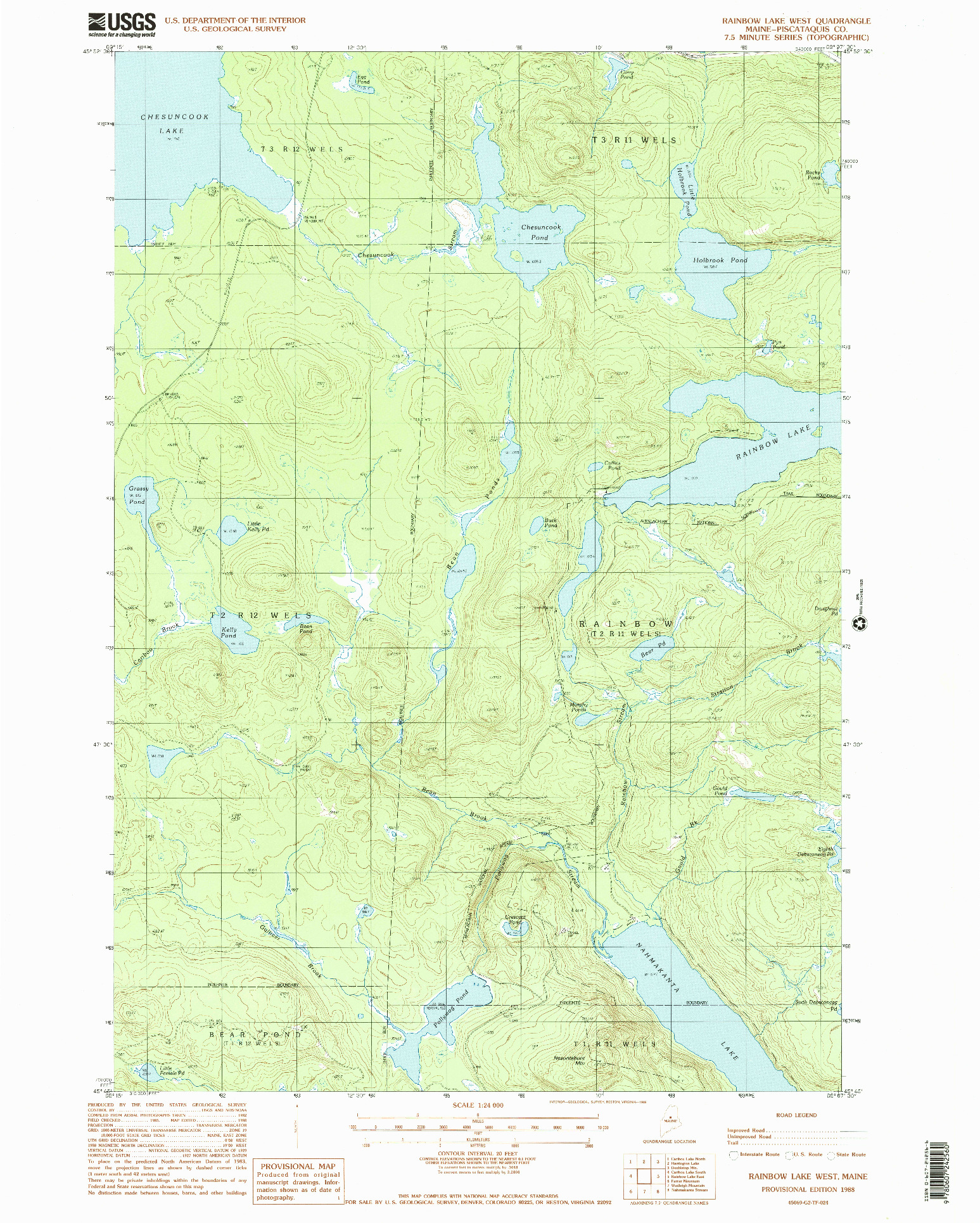 USGS 1:24000-SCALE QUADRANGLE FOR RAINBOW LAKE WEST, ME 1988