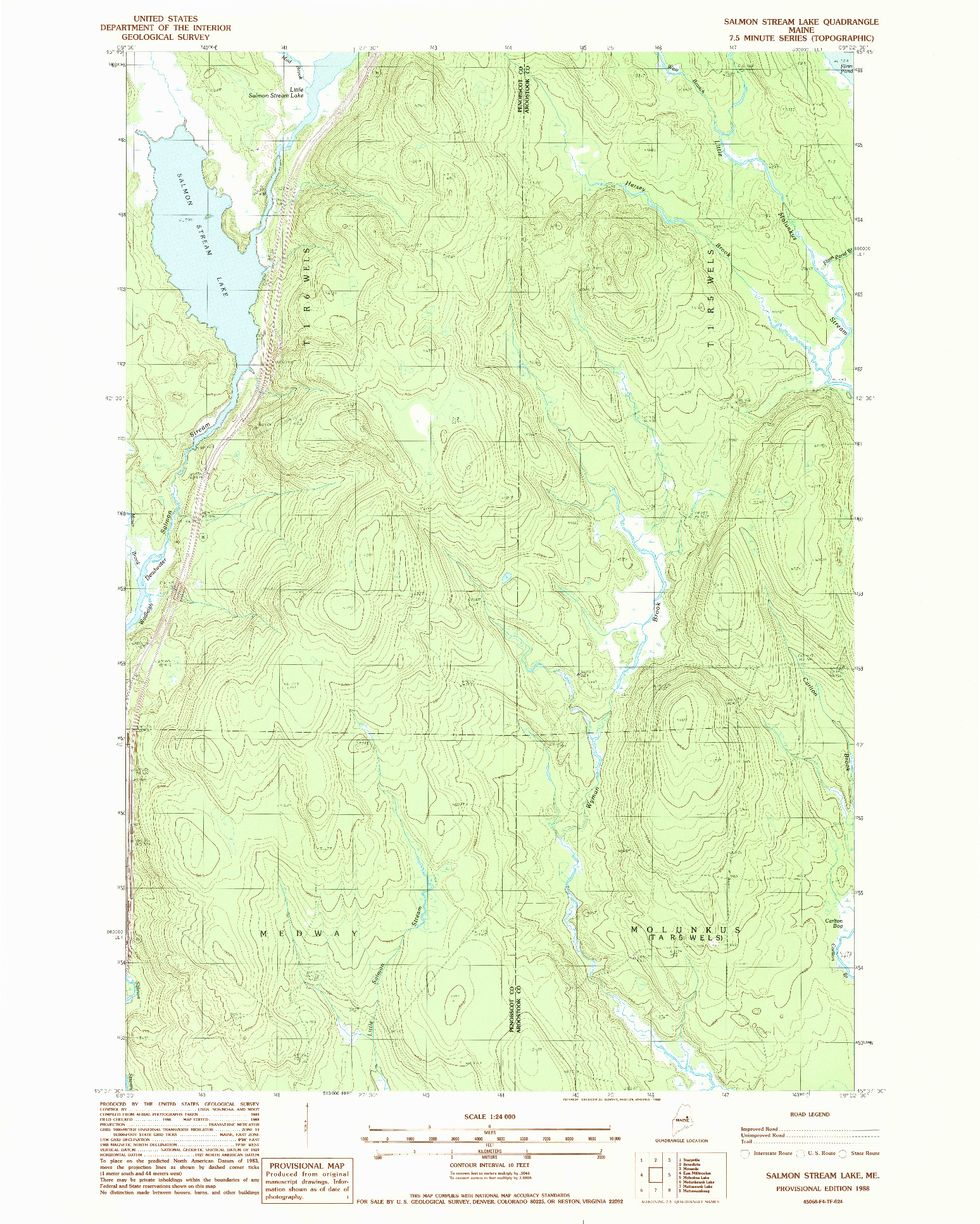 USGS 1:24000-SCALE QUADRANGLE FOR SALMON STREAM LAKE, ME 1988