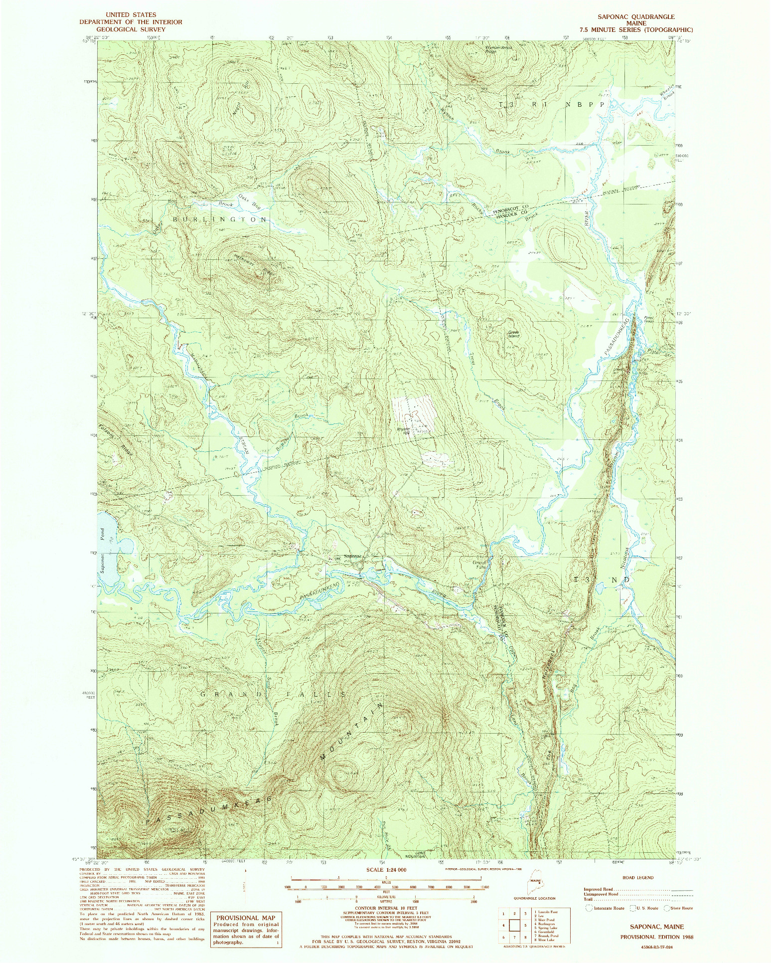 USGS 1:24000-SCALE QUADRANGLE FOR SAPONAC, ME 1988
