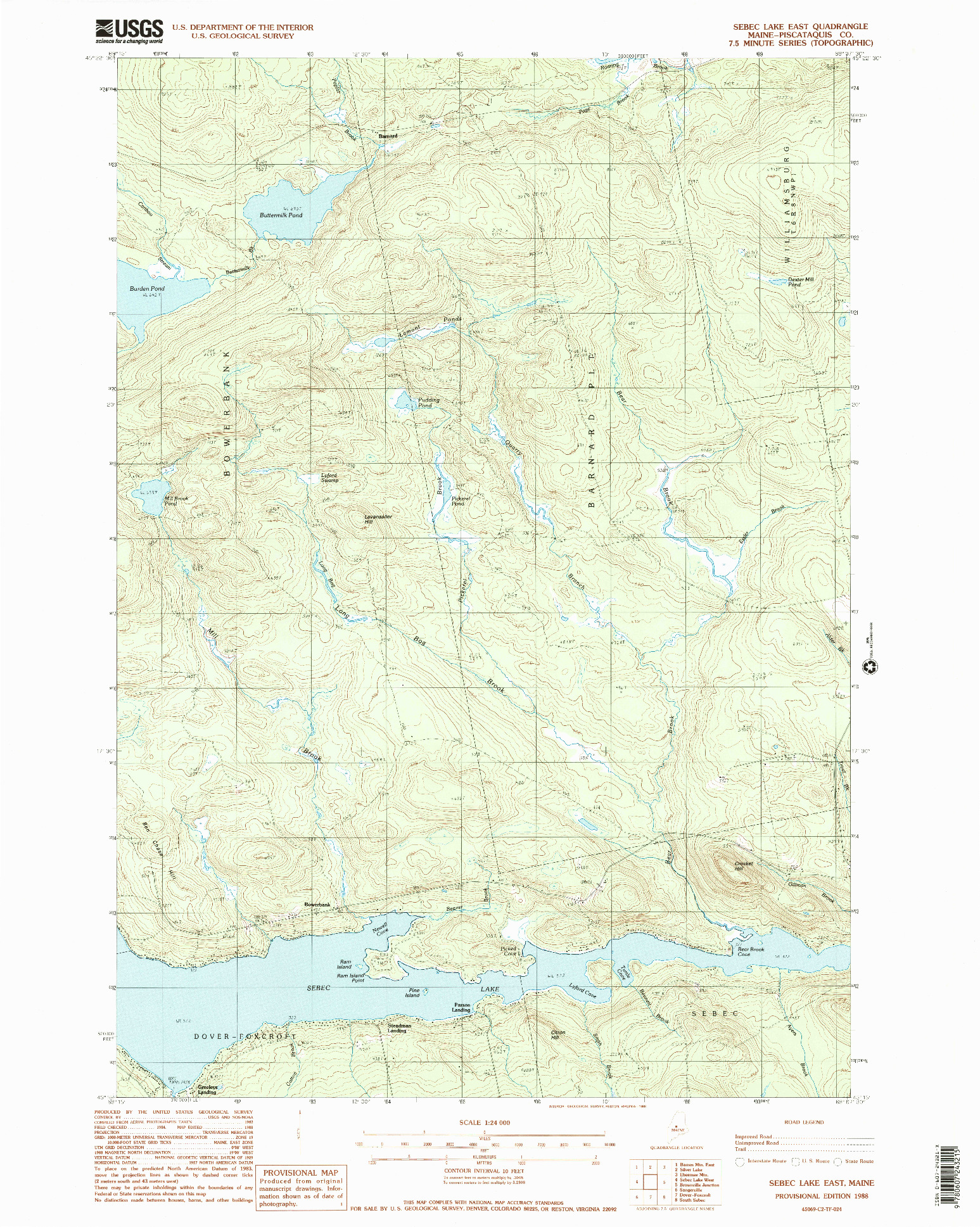 USGS 1:24000-SCALE QUADRANGLE FOR SEBEC LAKE EAST, ME 1988