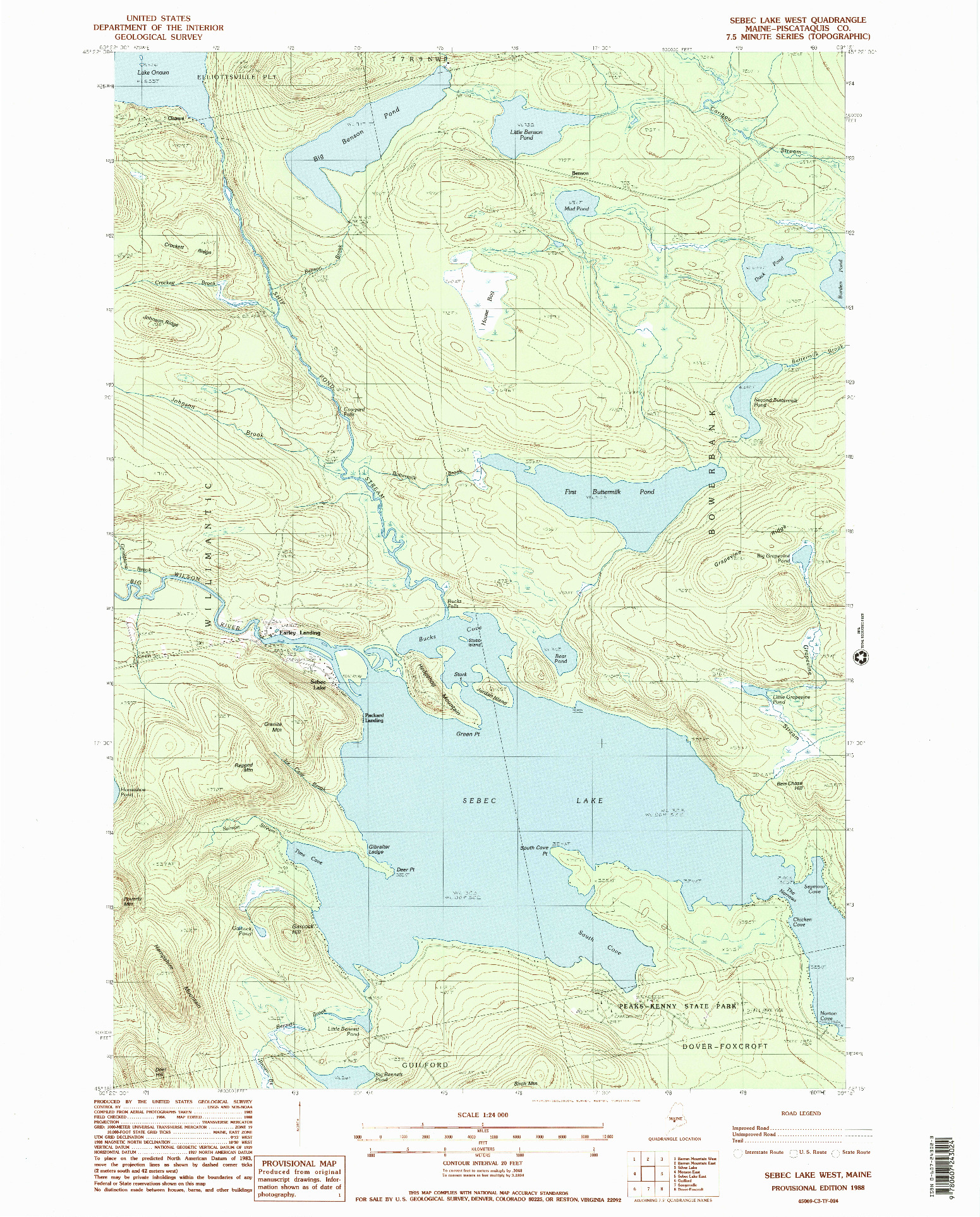 USGS 1:24000-SCALE QUADRANGLE FOR SEBEC LAKE WEST, ME 1988