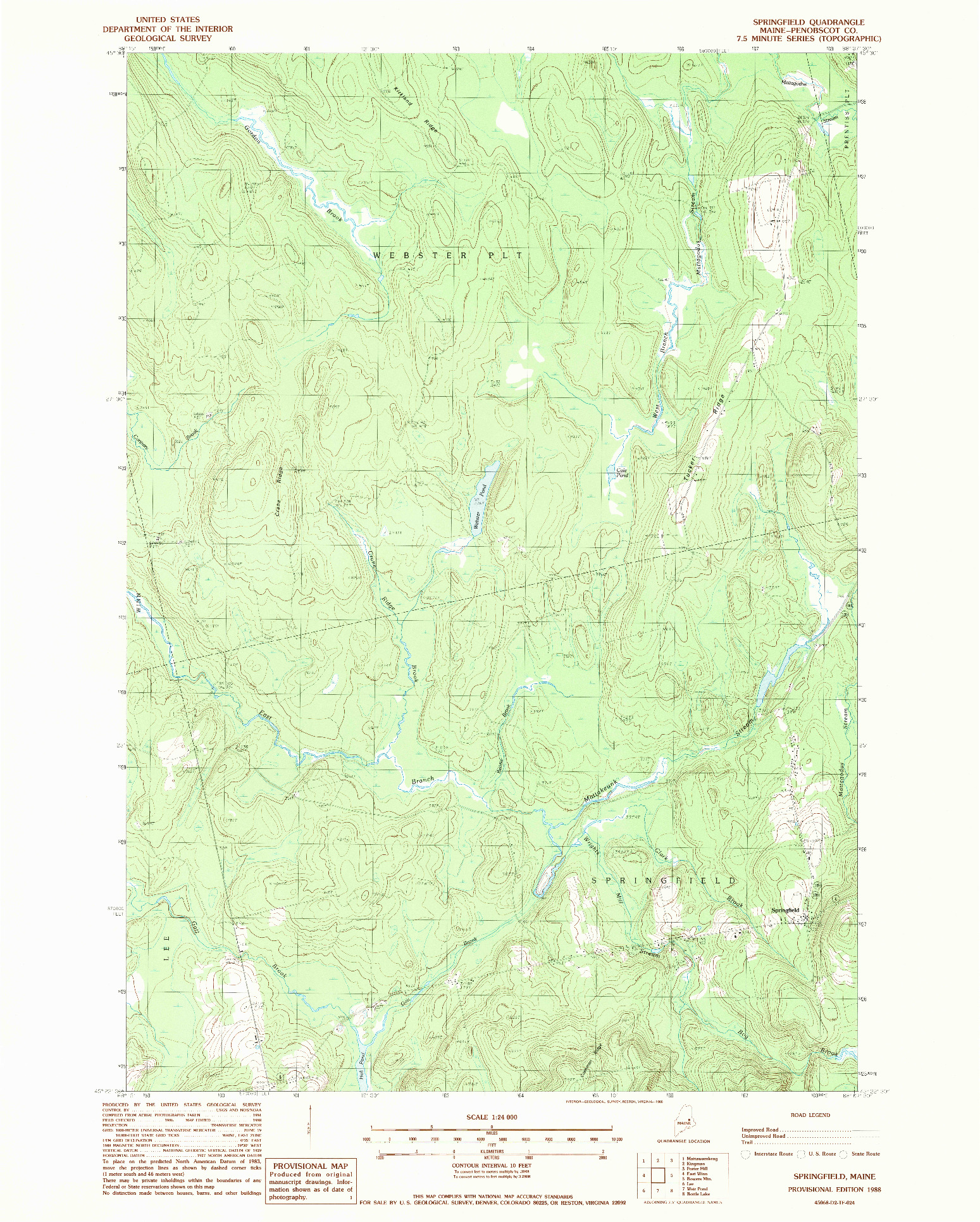 USGS 1:24000-SCALE QUADRANGLE FOR SPRINGFIELD, ME 1988