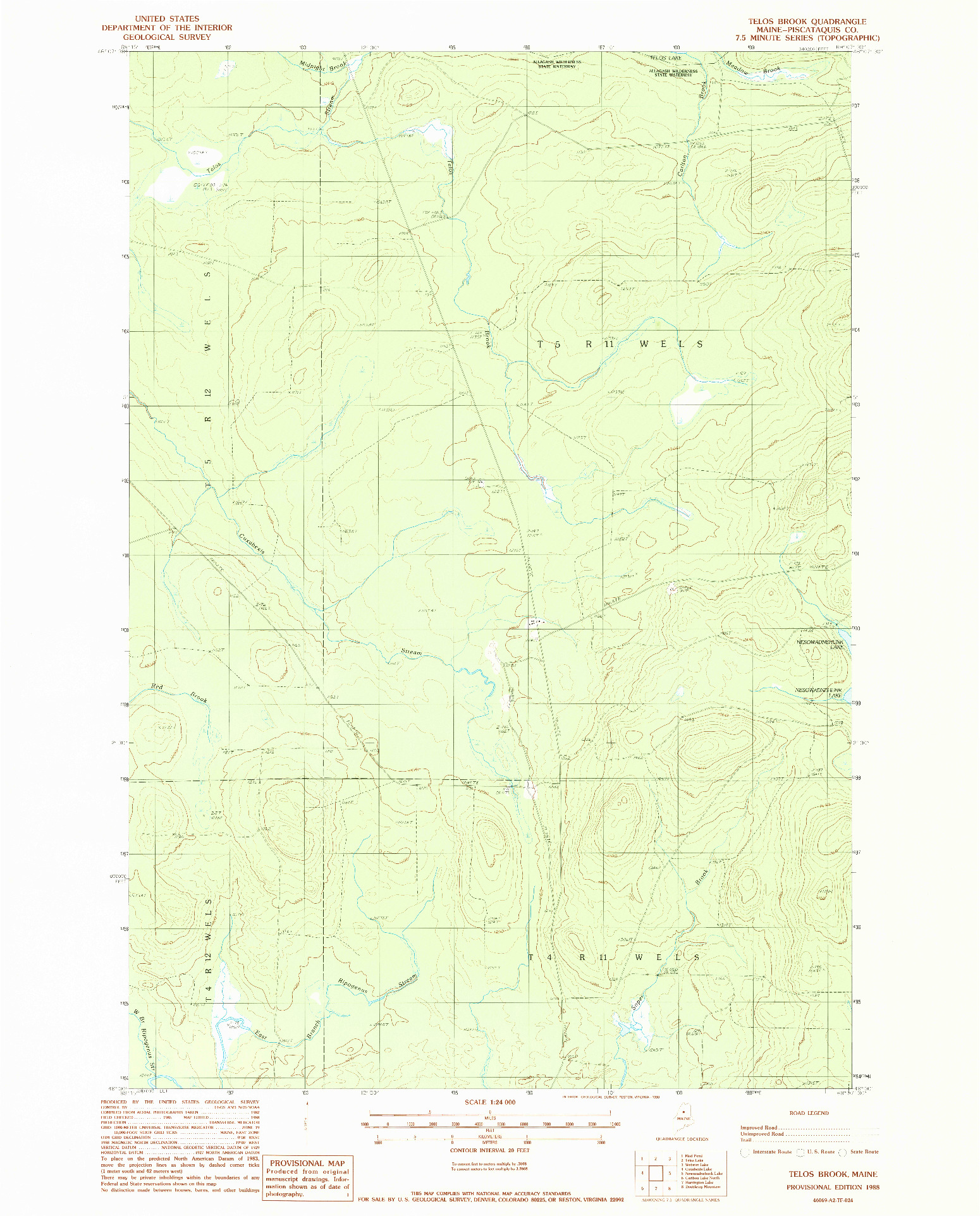 USGS 1:24000-SCALE QUADRANGLE FOR TELOS BROOK, ME 1988