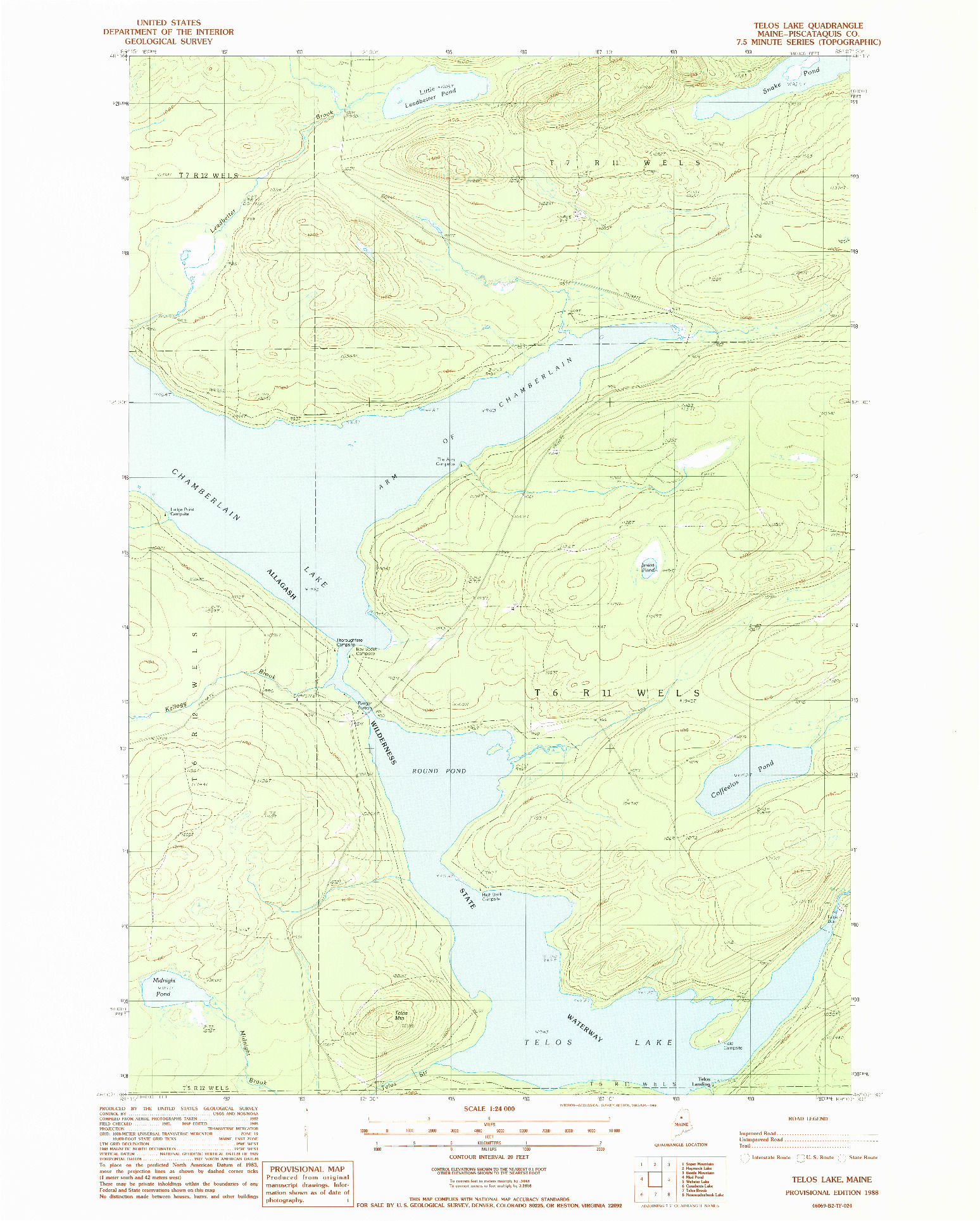 USGS 1:24000-SCALE QUADRANGLE FOR TELOS LAKE, ME 1988