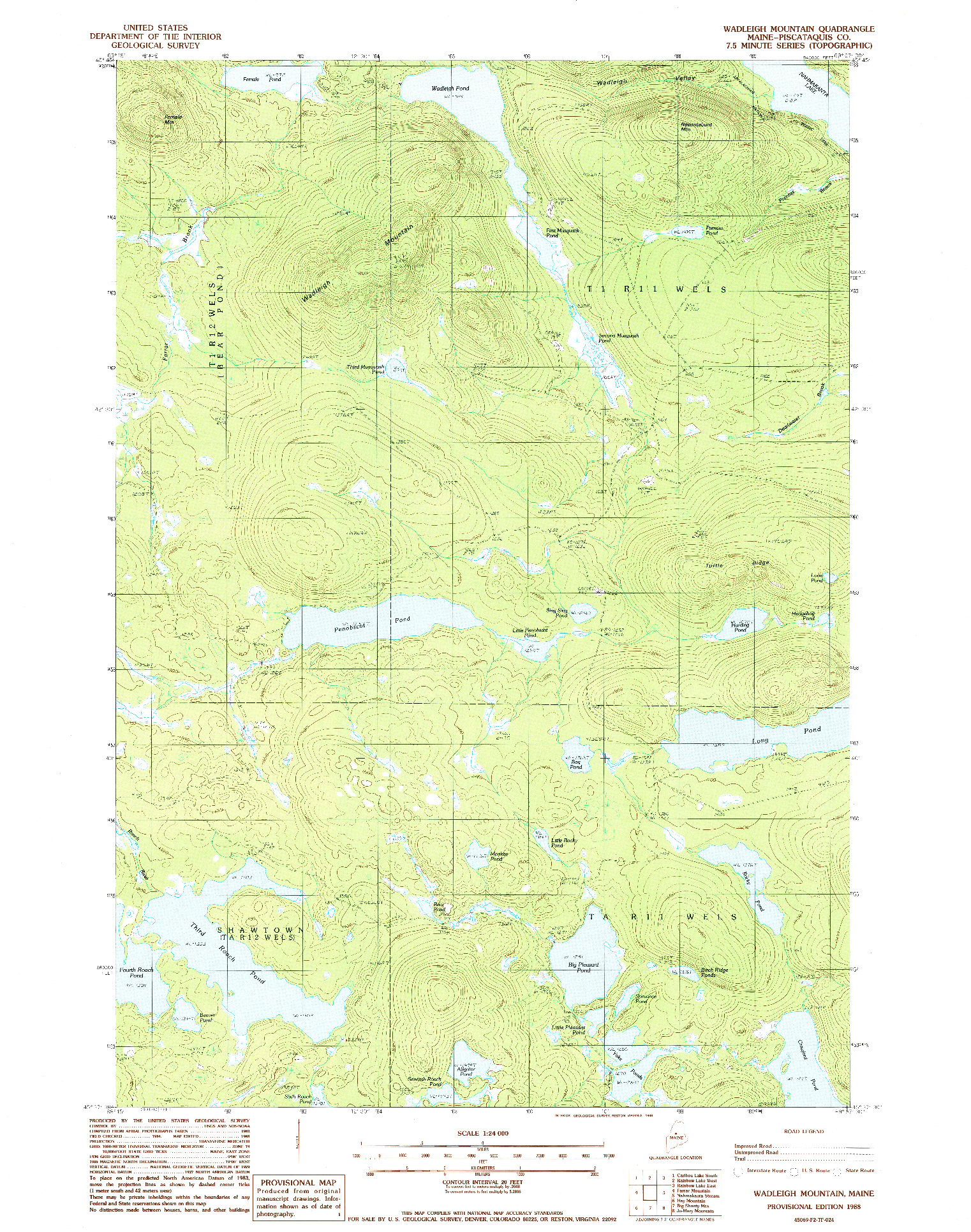 USGS 1:24000-SCALE QUADRANGLE FOR WADLEIGH MOUNTAIN, ME 1988
