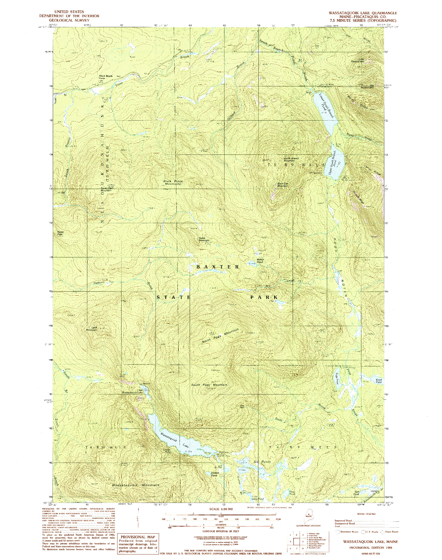 USGS 1:24000-SCALE QUADRANGLE FOR WASSATAQUOIK LAKE, ME 1988