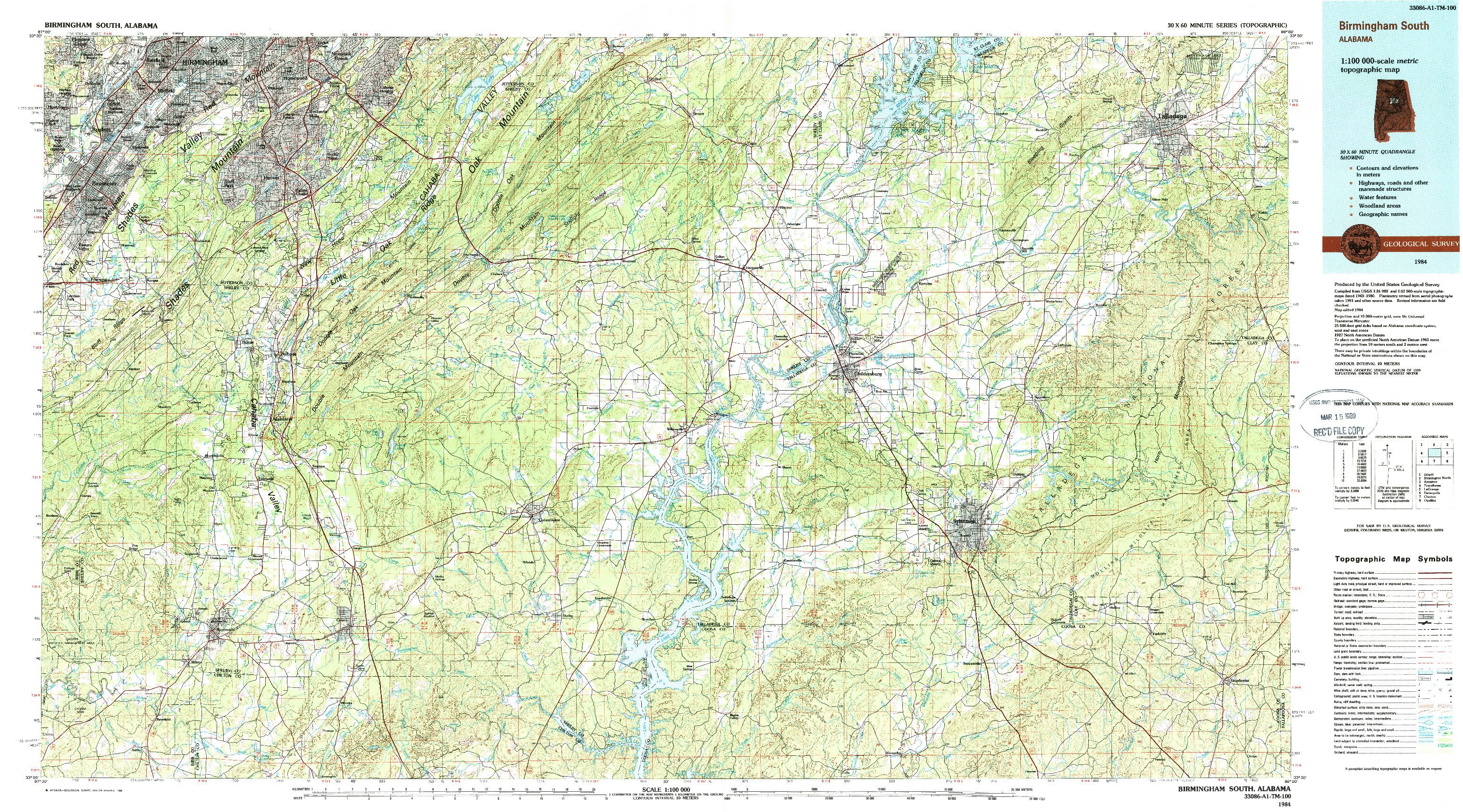 USGS 1:100000-SCALE QUADRANGLE FOR BIRMINGHAM SOUTH, AL 1984