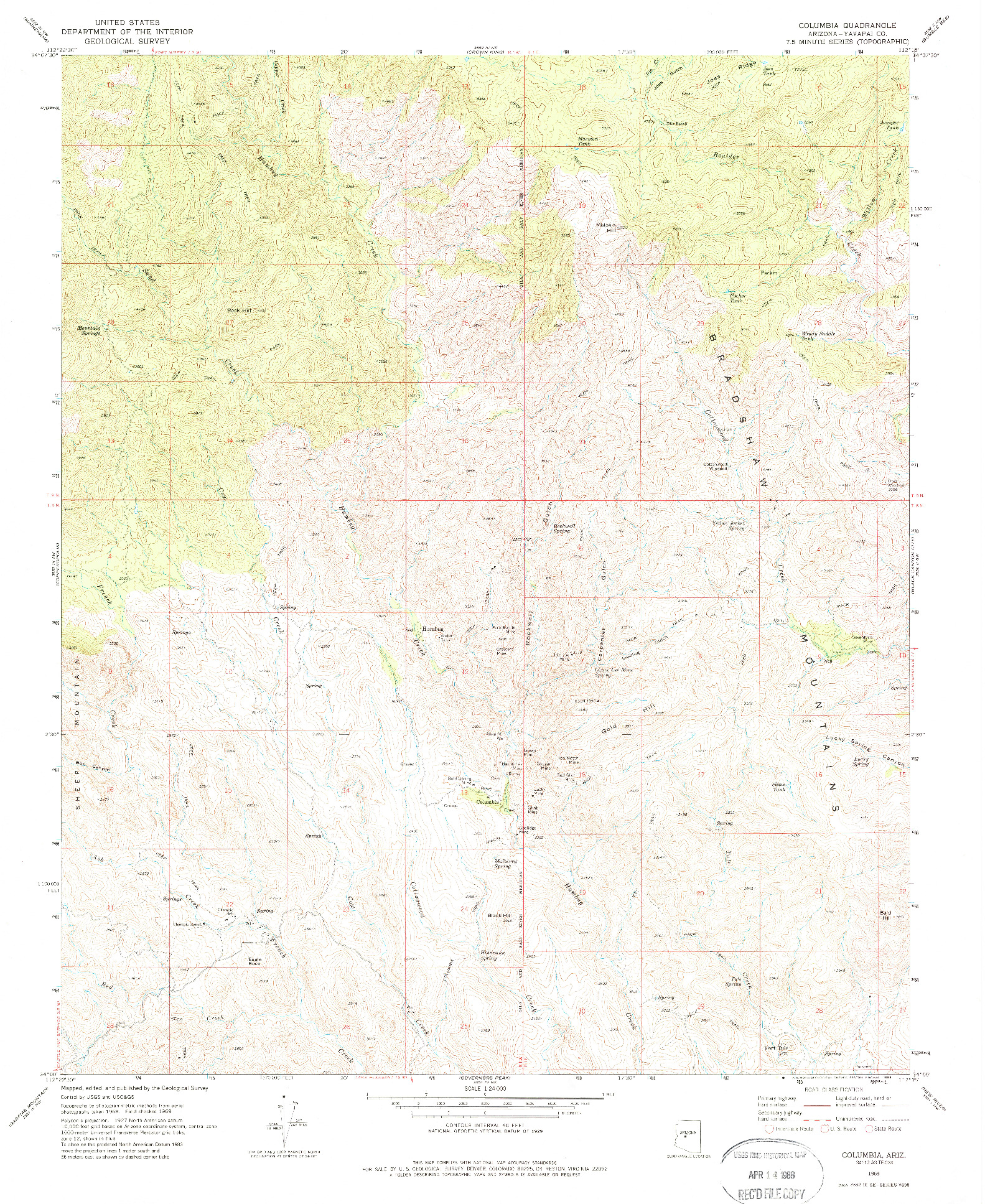 USGS 1:24000-SCALE QUADRANGLE FOR COLUMBIA, AZ 1969