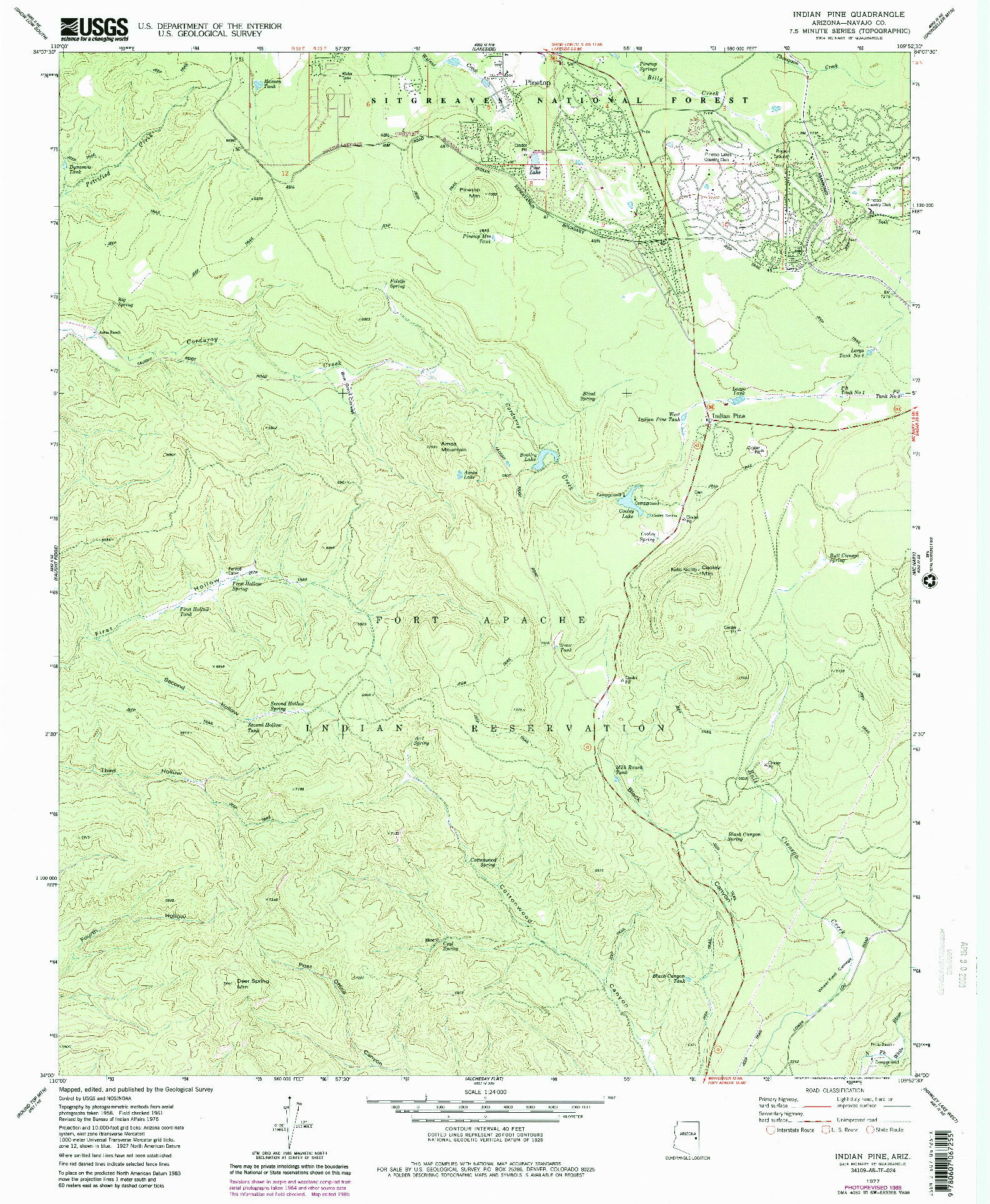 USGS 1:24000-SCALE QUADRANGLE FOR INDIAN PINE, AZ 1977