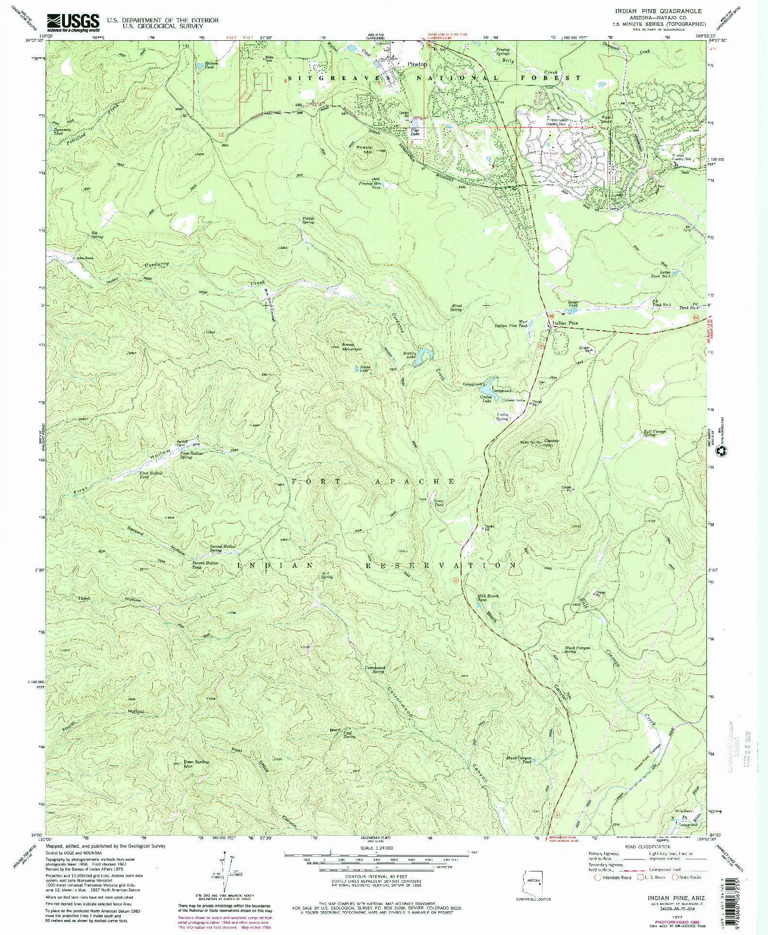 USGS 1:24000-SCALE QUADRANGLE FOR INDIAN PINE, AZ 1977