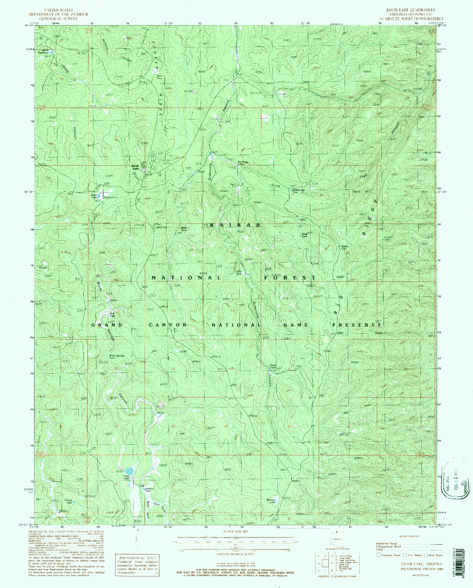 USGS 1:24000-SCALE QUADRANGLE FOR JACOB LAKE, AZ 1988