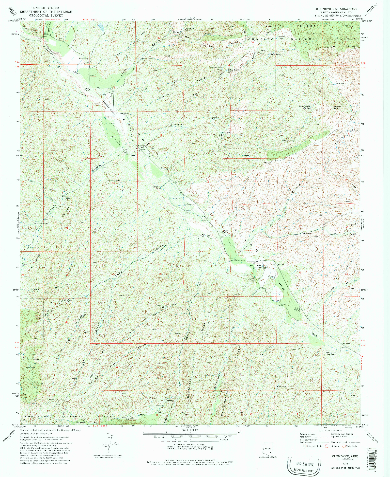 USGS 1:24000-SCALE QUADRANGLE FOR KLONDYKE, AZ 1972