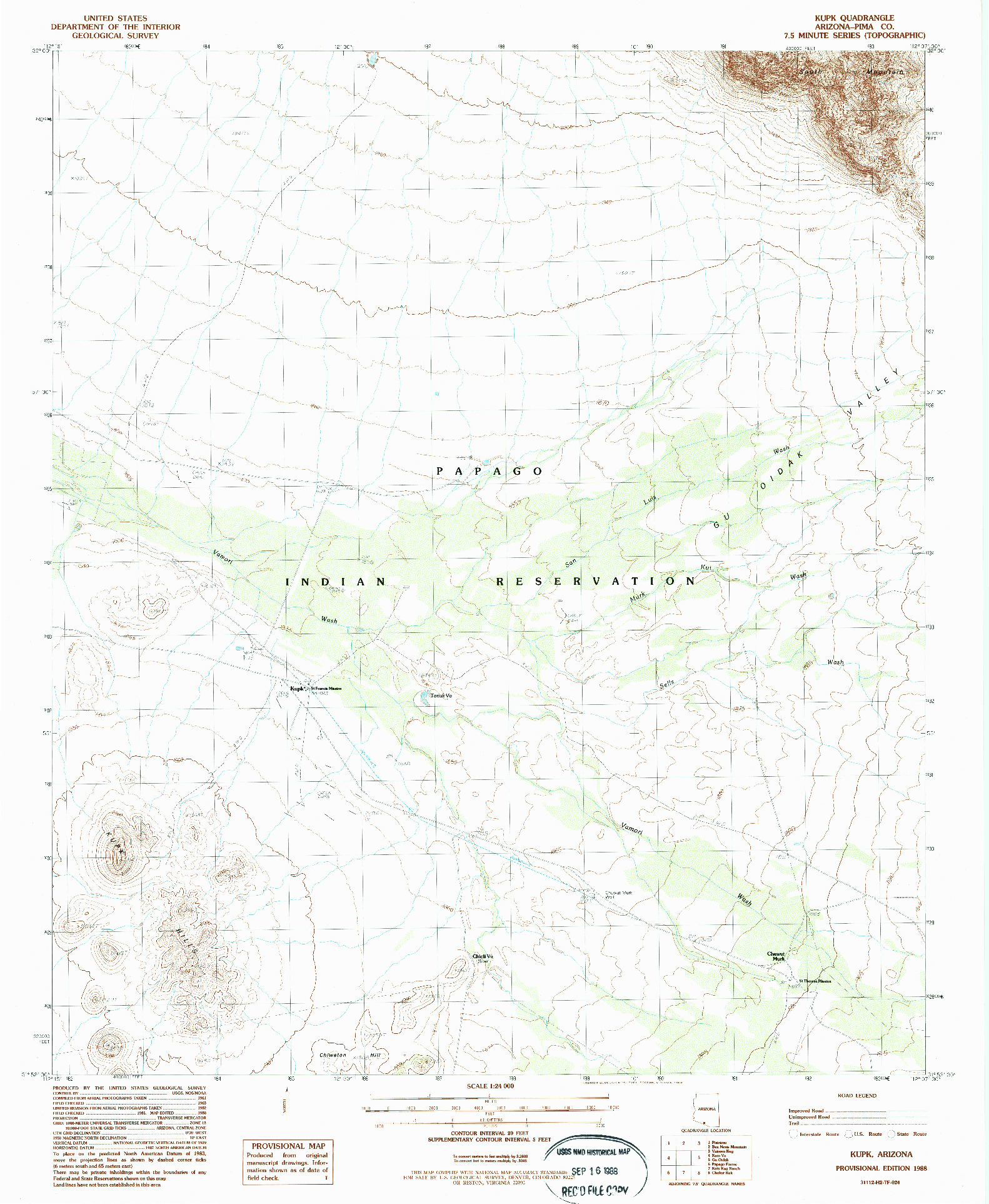 USGS 1:24000-SCALE QUADRANGLE FOR KUPK, AZ 1988