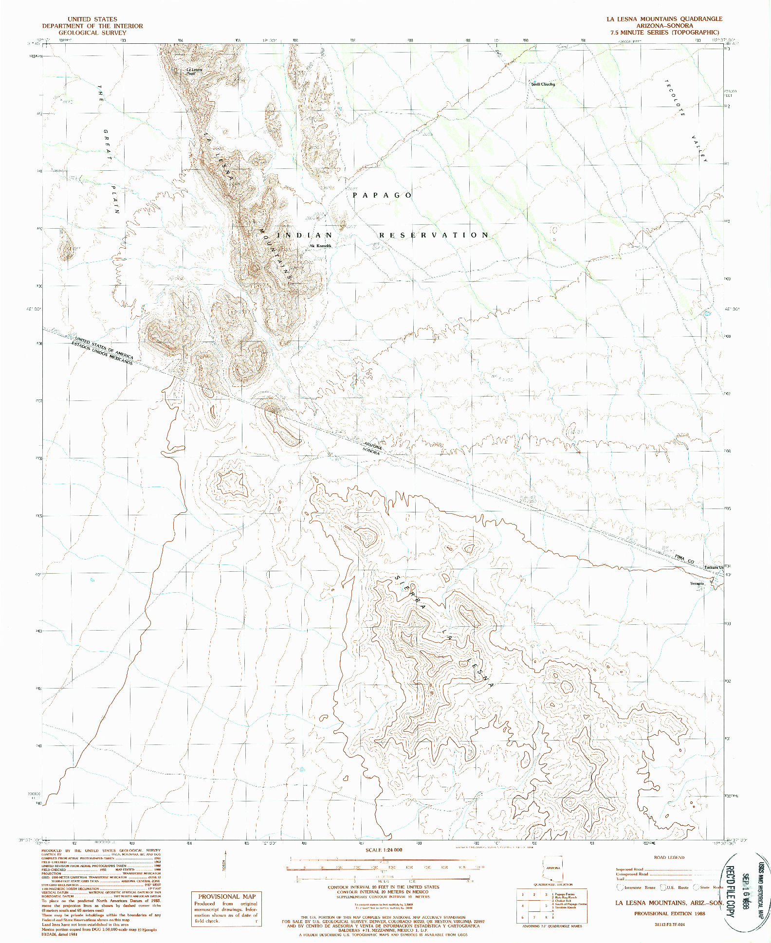 USGS 1:24000-SCALE QUADRANGLE FOR LA LESNA MOUNTAINS, AZ 1988