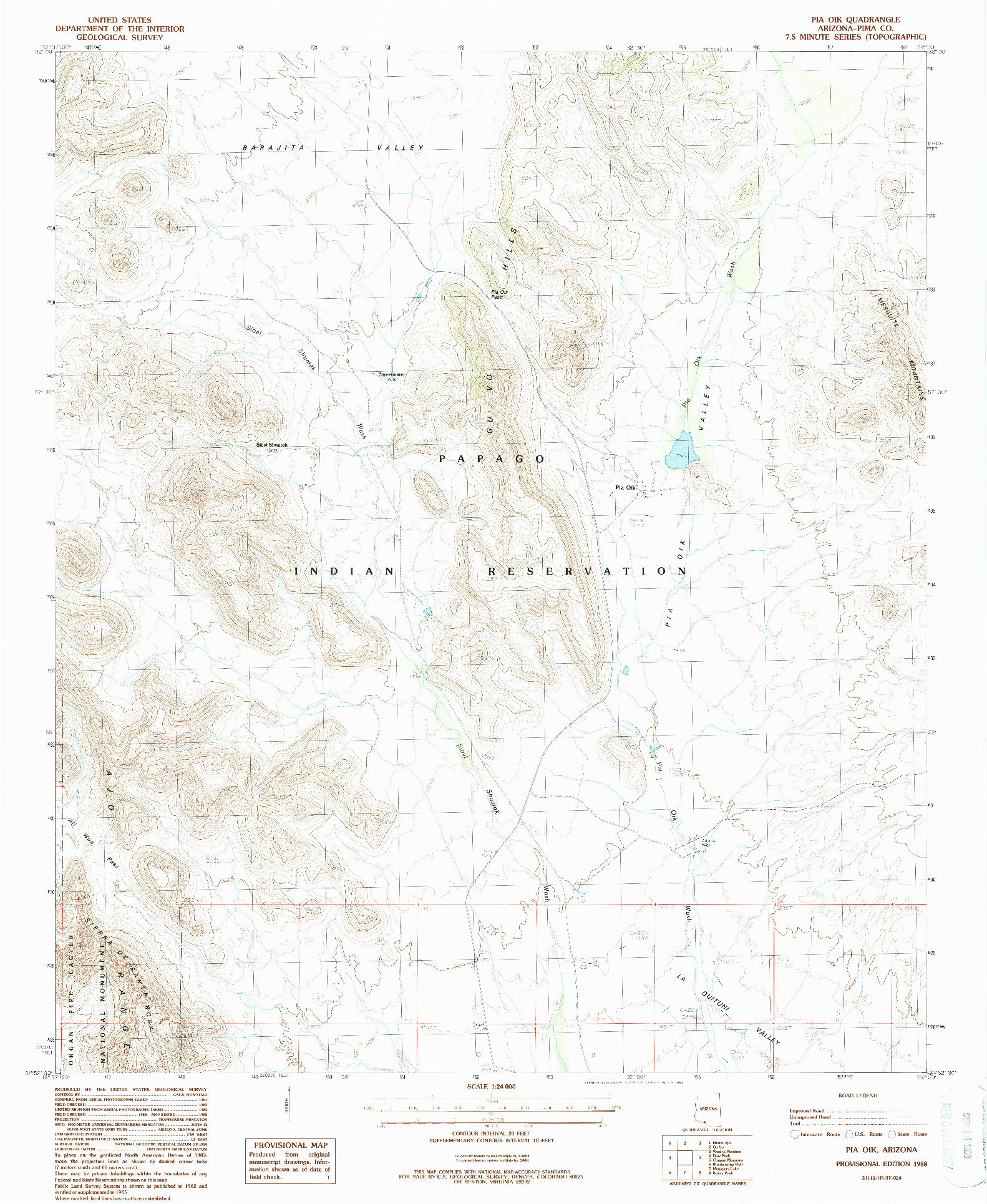 USGS 1:24000-SCALE QUADRANGLE FOR PIA OIK, AZ 1988