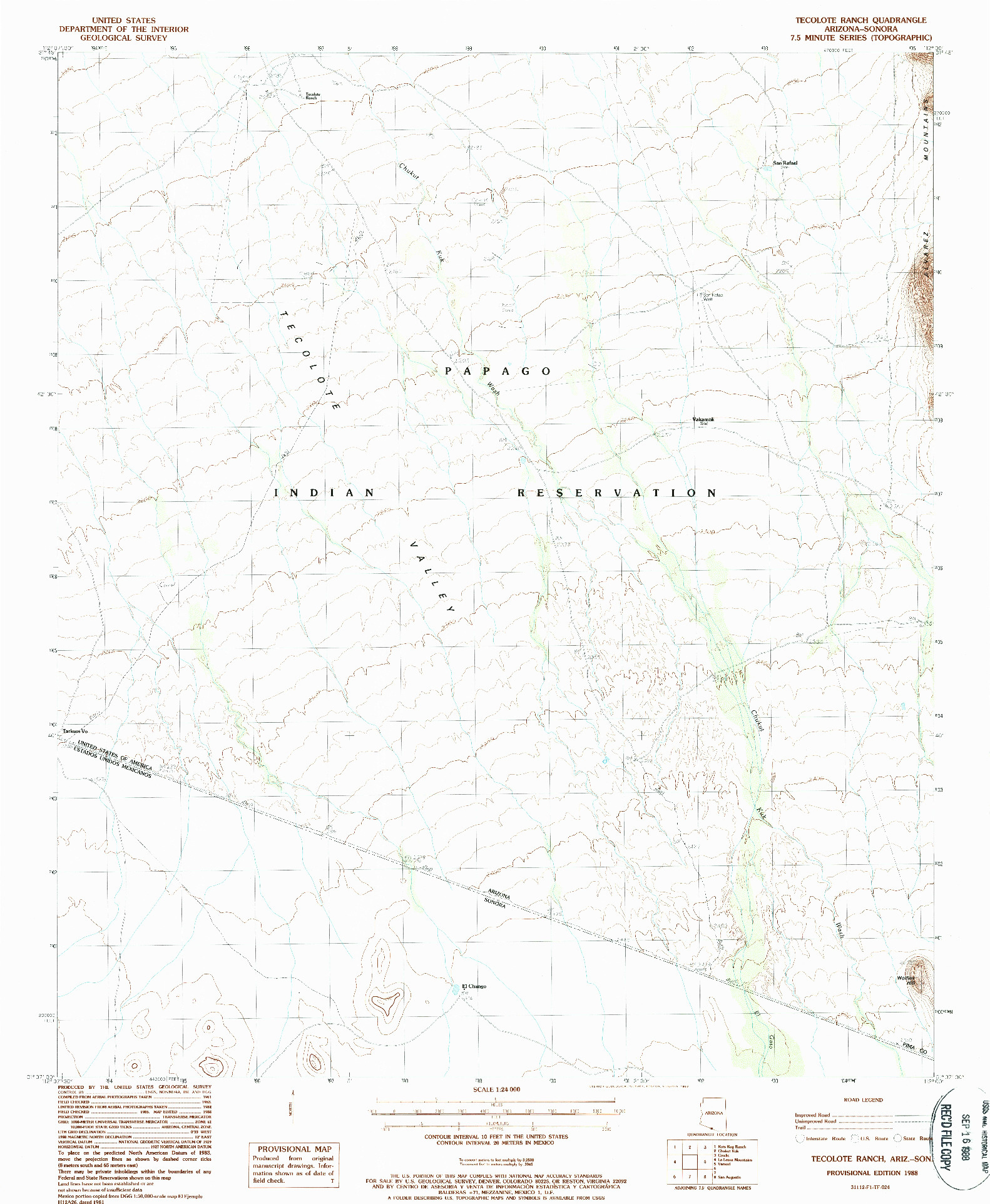 USGS 1:24000-SCALE QUADRANGLE FOR TECOLOTE RANCH, AZ 1988