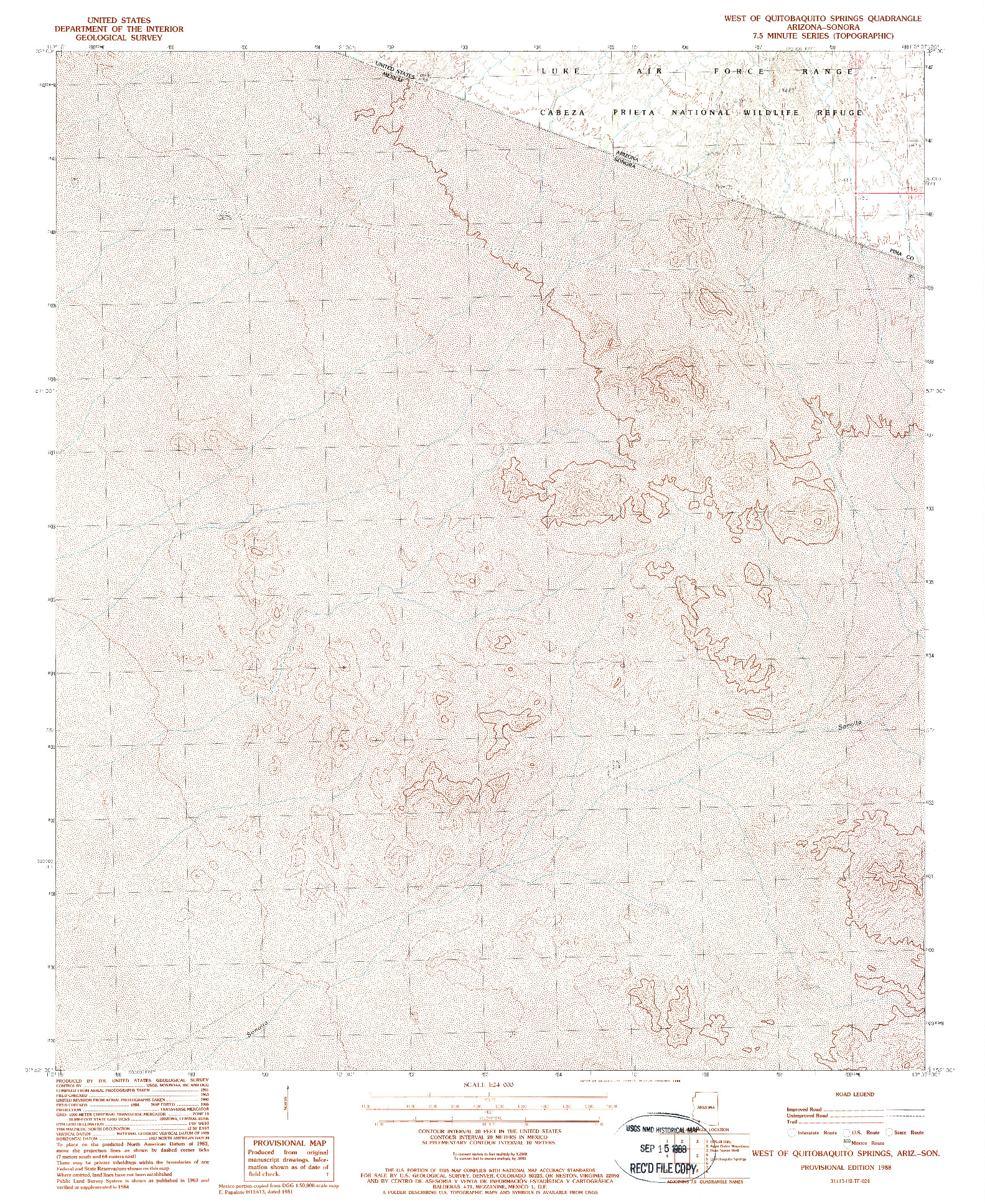 USGS 1:24000-SCALE QUADRANGLE FOR WEST OF QUITOBAQUITO SPRINGS, AZ 1988