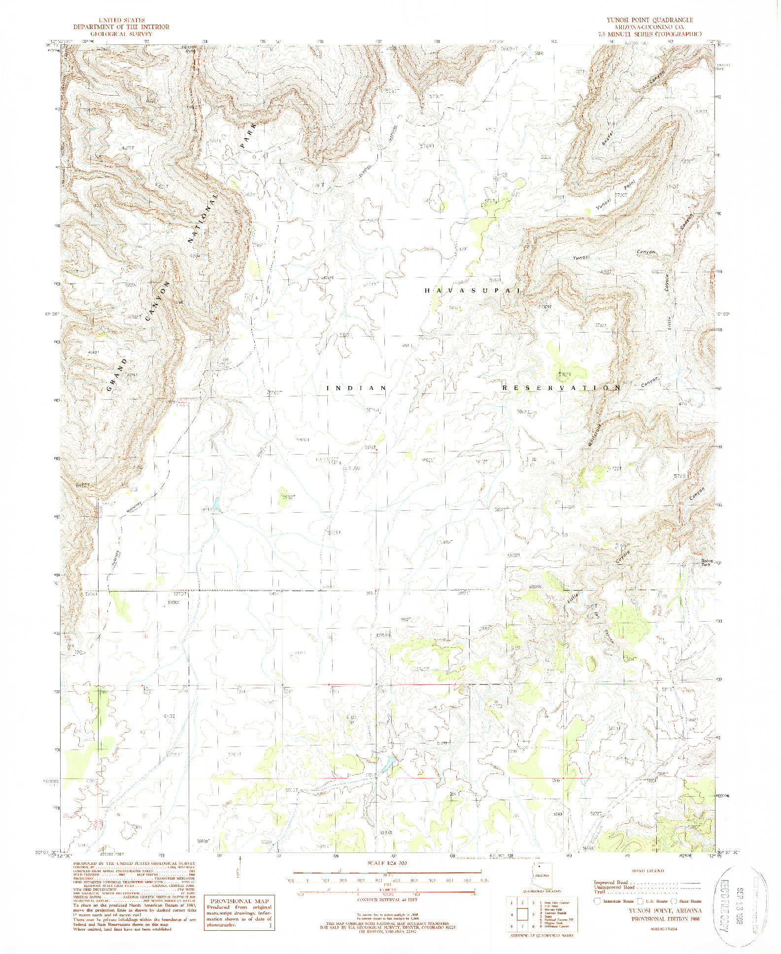 USGS 1:24000-SCALE QUADRANGLE FOR YUNOSI POINT, AZ 1988