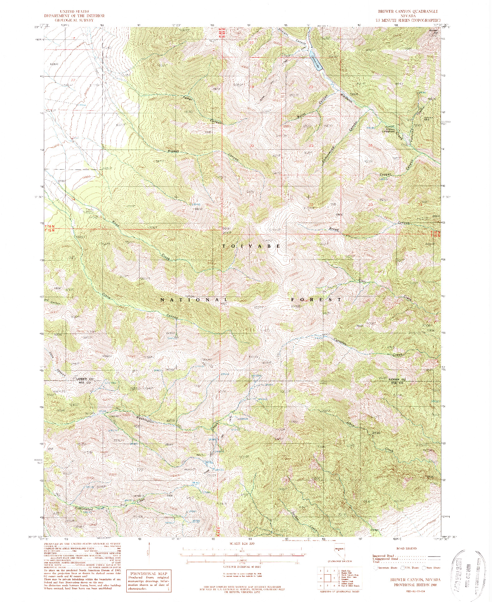 USGS 1:24000-SCALE QUADRANGLE FOR BREWER CANYON, NV 1988