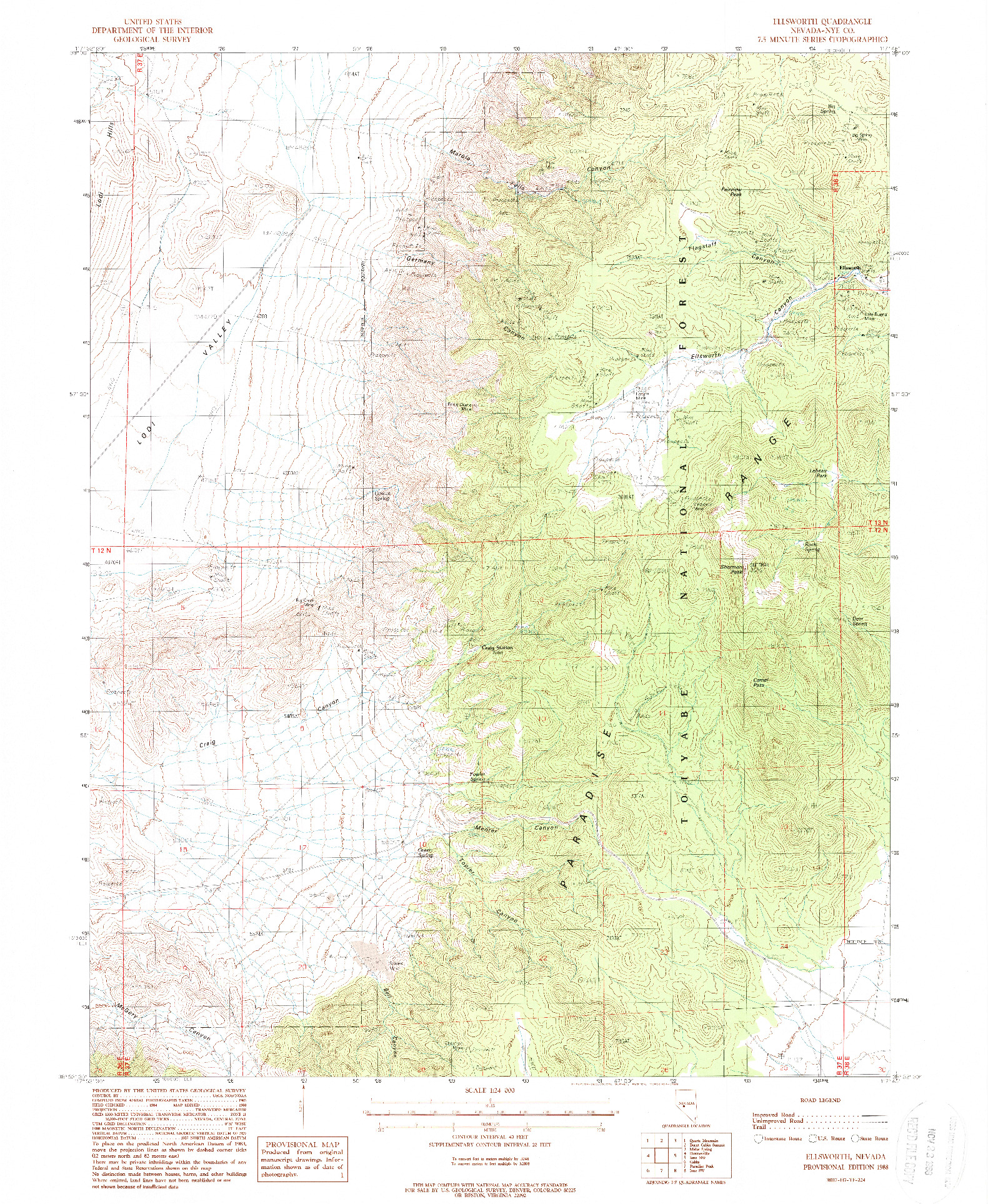 USGS 1:24000-SCALE QUADRANGLE FOR ELLSWORTH, NV 1988