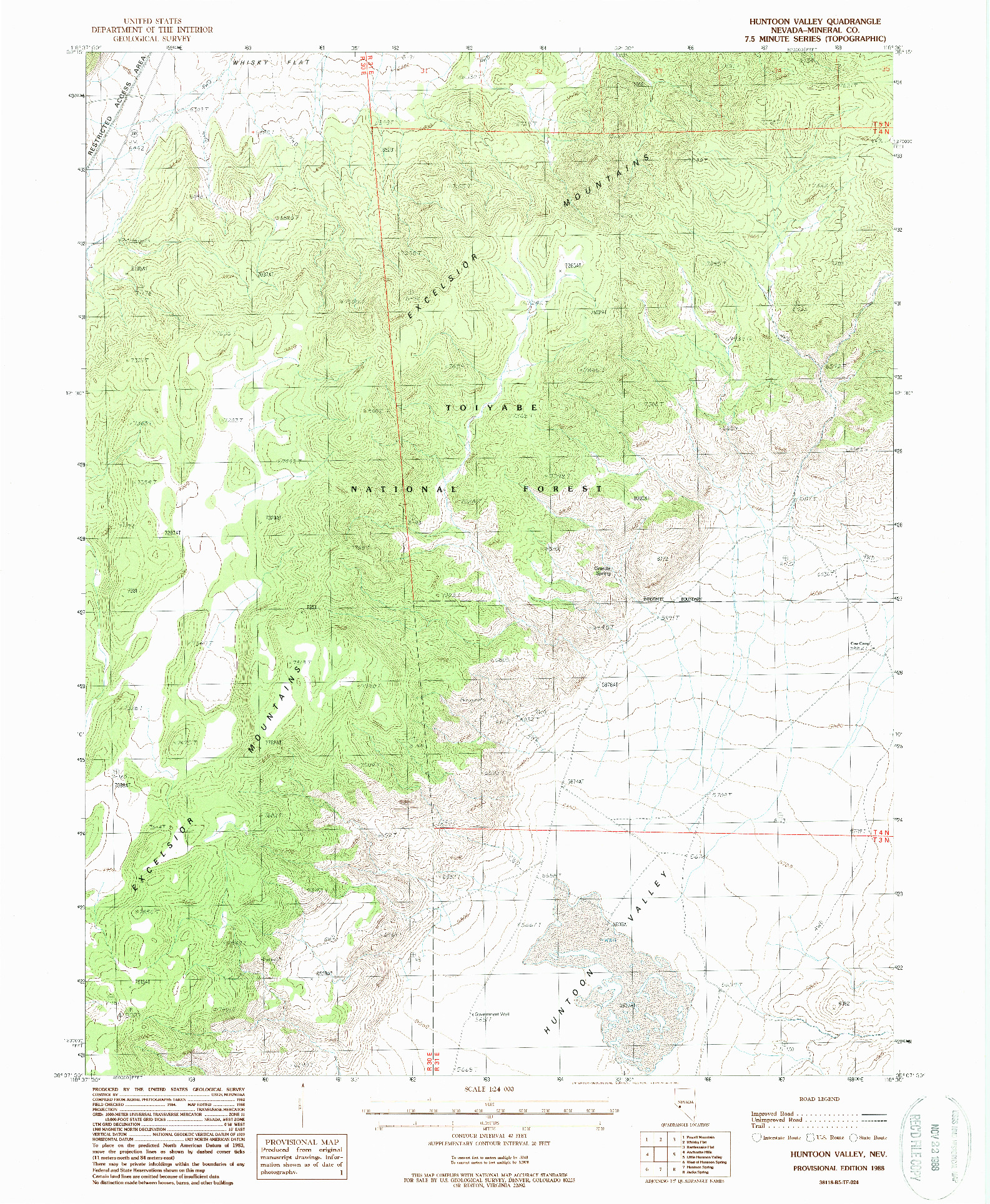 USGS 1:24000-SCALE QUADRANGLE FOR HUNTOON VALLEY, NV 1988