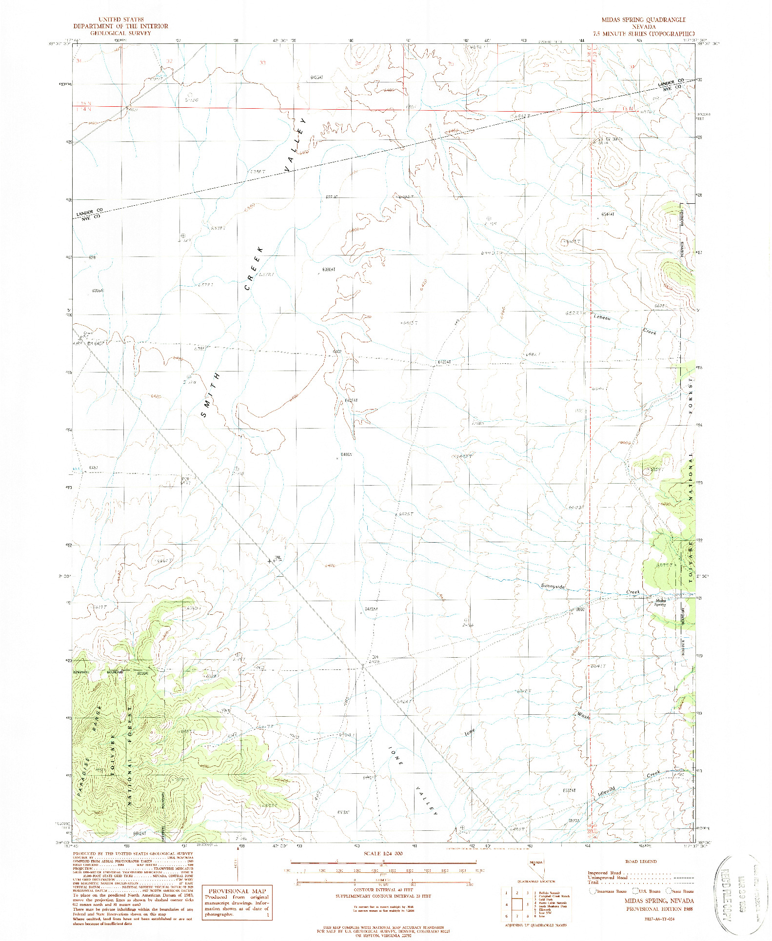 USGS 1:24000-SCALE QUADRANGLE FOR MIDAS SPRING, NV 1988