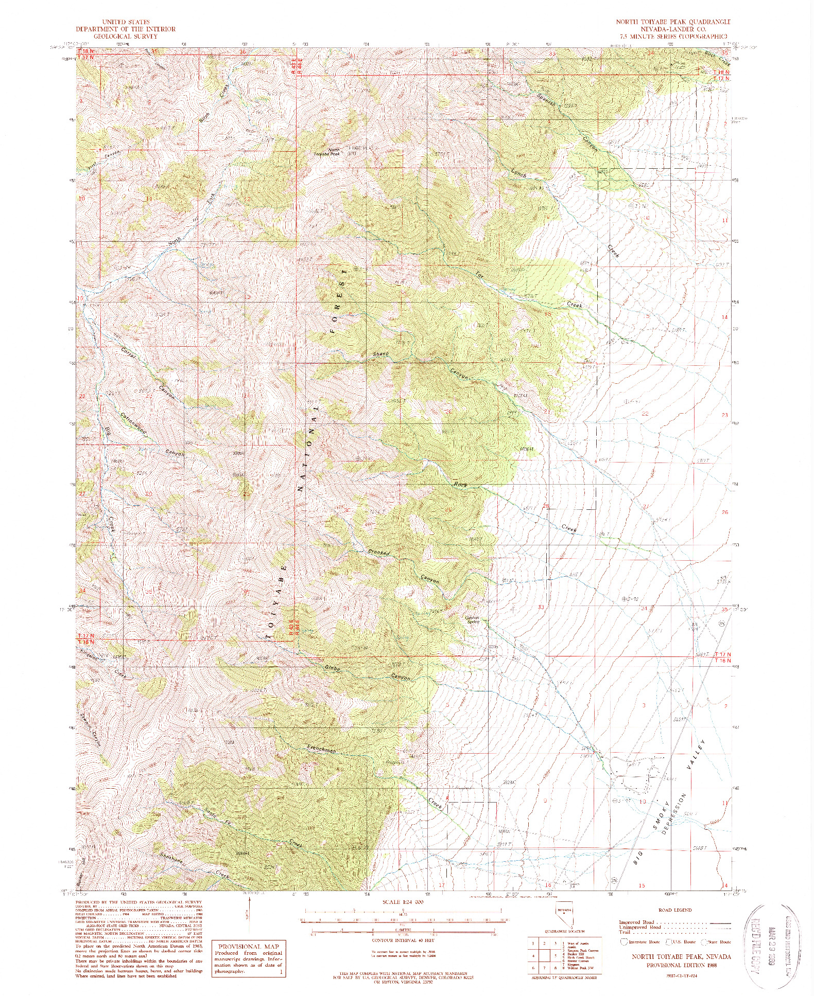 USGS 1:24000-SCALE QUADRANGLE FOR NORTH TOIYABE PEAK, NV 1988