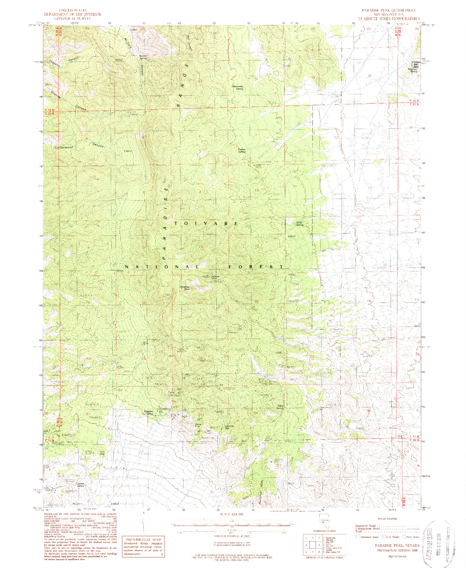 USGS 1:24000-SCALE QUADRANGLE FOR PARADISE PEAK, NV 1988