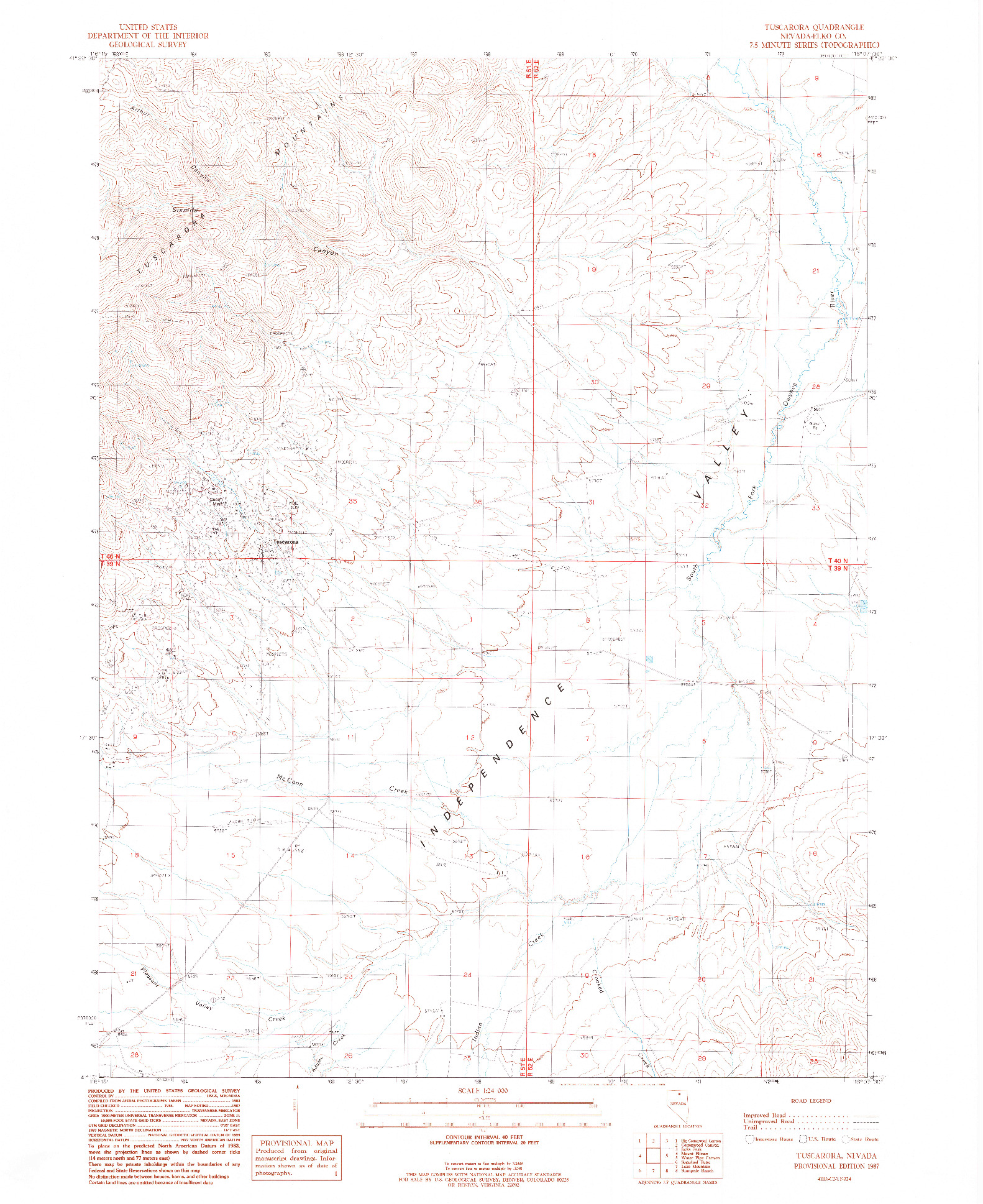 USGS 1:24000-SCALE QUADRANGLE FOR TUSCARORA, NV 1987