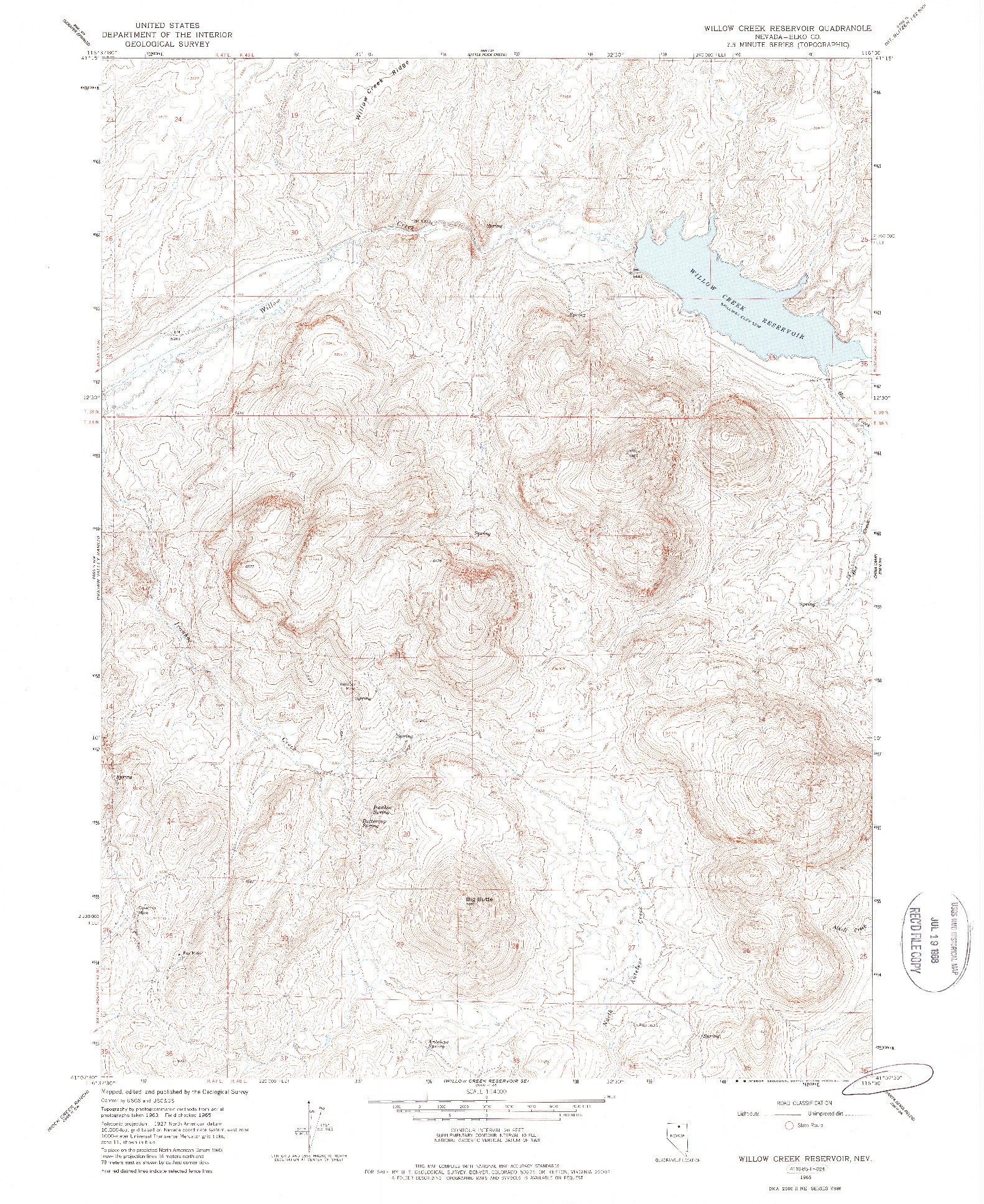 USGS 1:24000-SCALE QUADRANGLE FOR WILLOW CREEK RESERVOIR, NV 1965