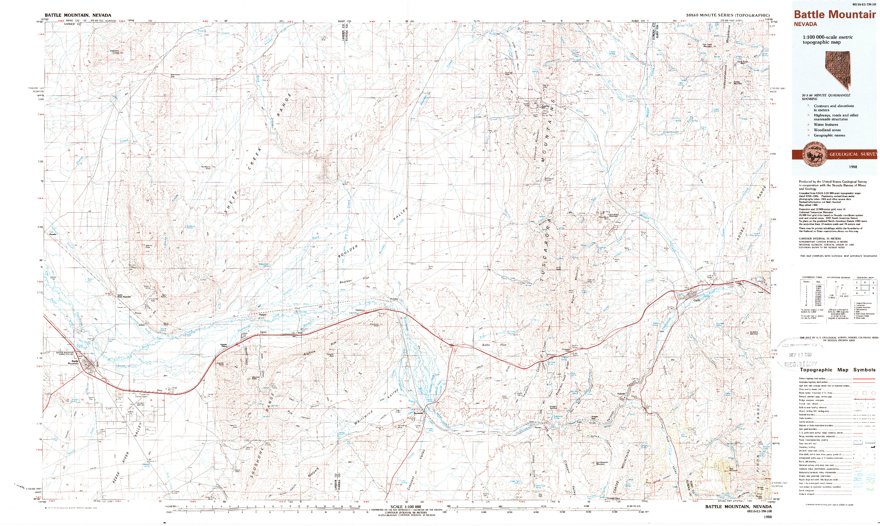 USGS 1:100000-SCALE QUADRANGLE FOR BATTLE MOUNTAIN, NV 1988