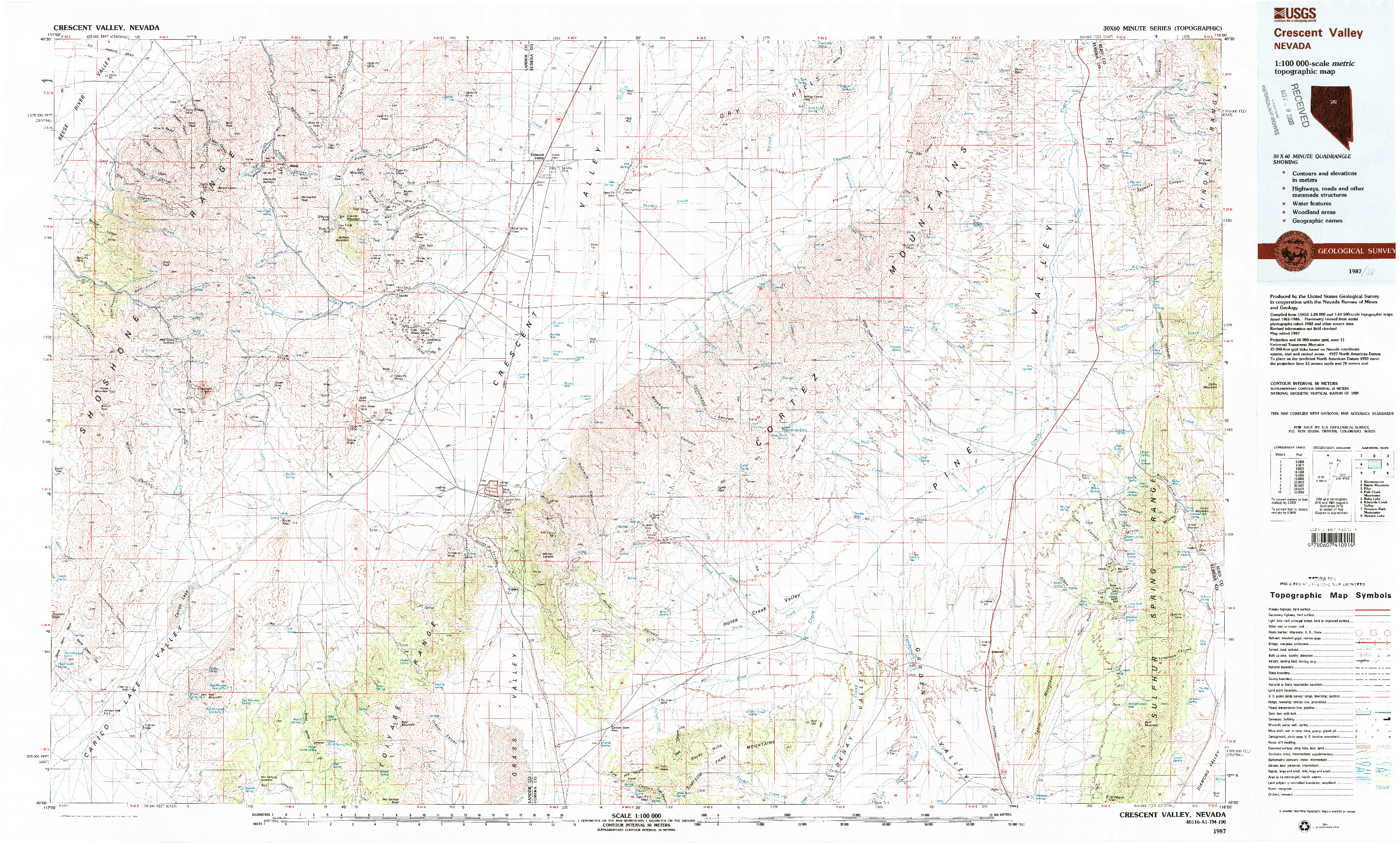 USGS 1:100000-SCALE QUADRANGLE FOR CRESCENT VALLEY, NV 1987