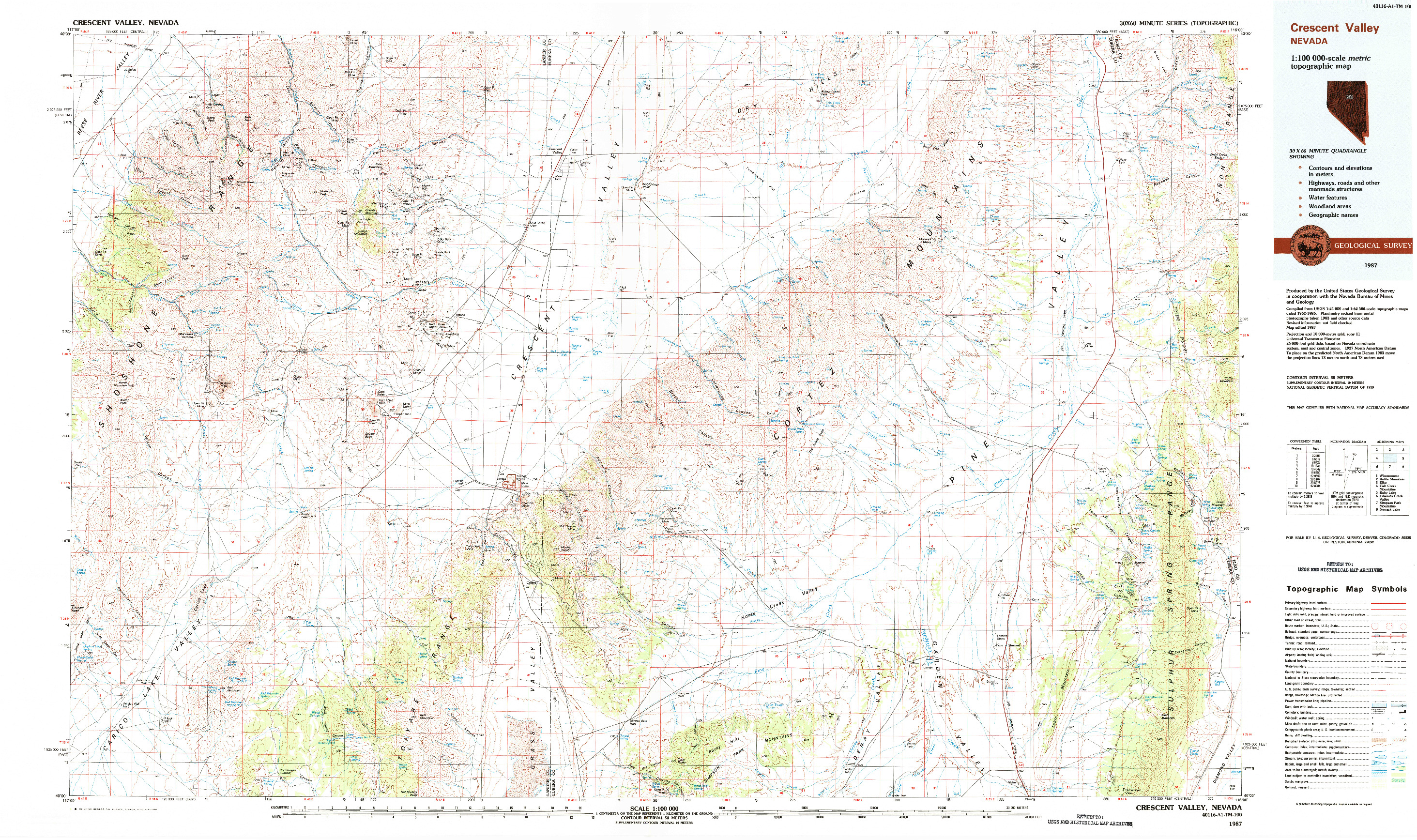 USGS 1:100000-SCALE QUADRANGLE FOR CRESCENT VALLEY, NV 1987