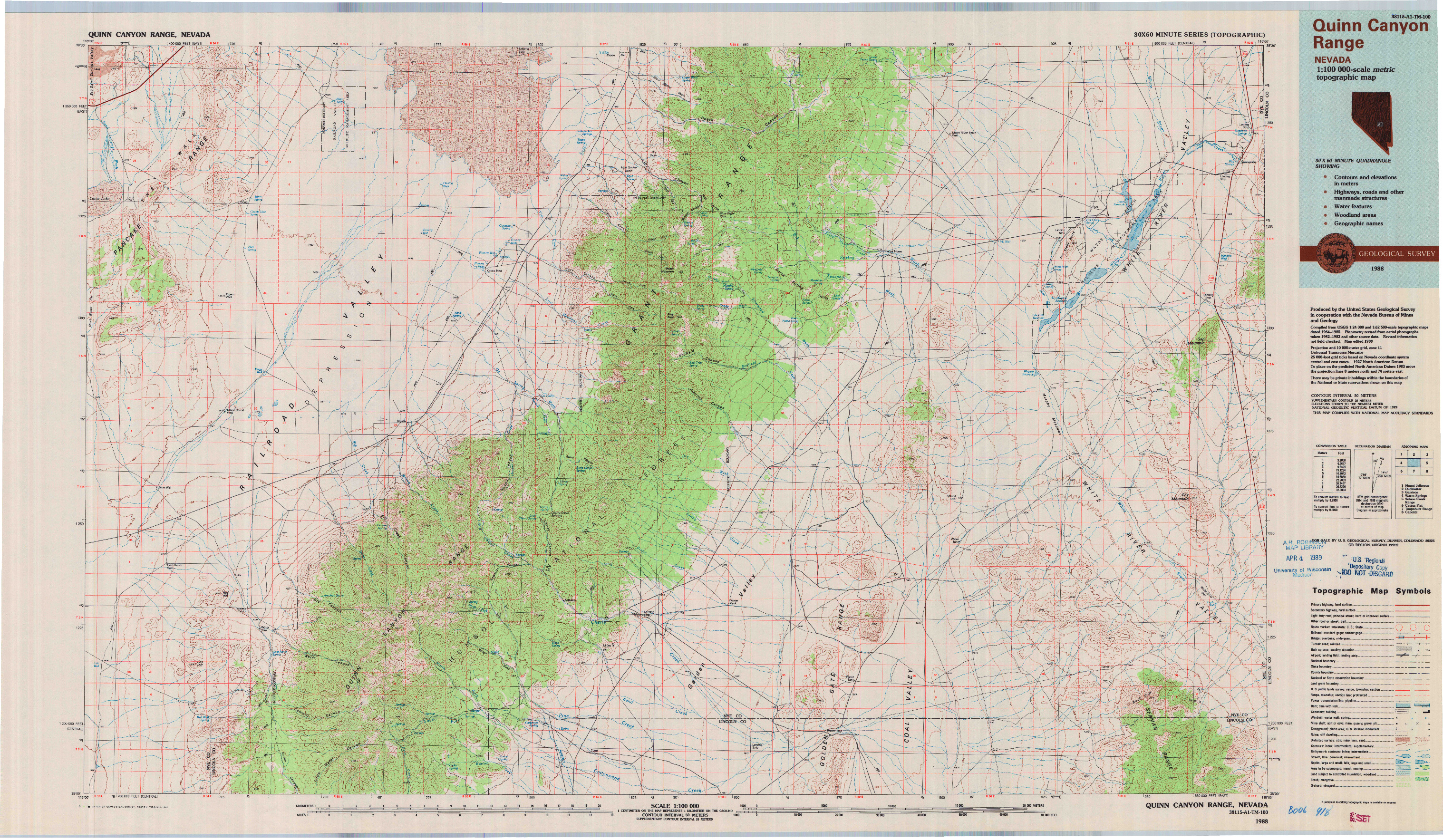 USGS 1:100000-SCALE QUADRANGLE FOR QUINN CANYON RANGE, NV 1988
