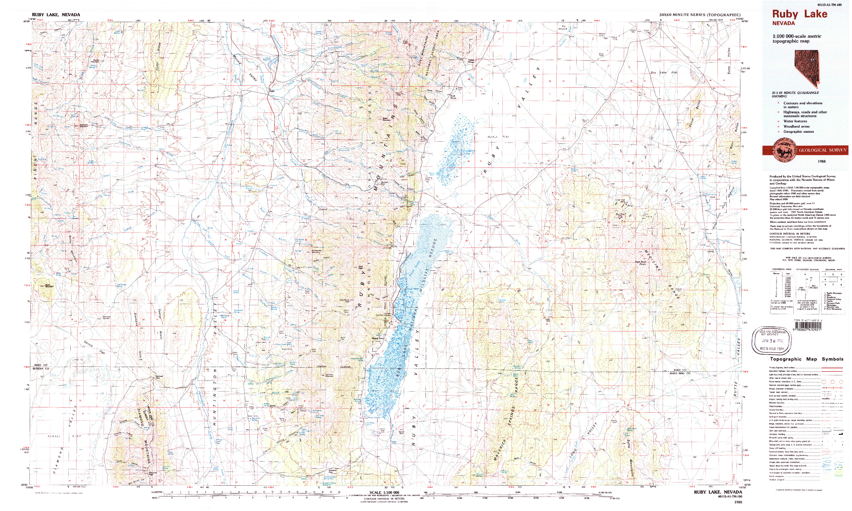 USGS 1:100000-SCALE QUADRANGLE FOR RUBY LAKE, NV 1988