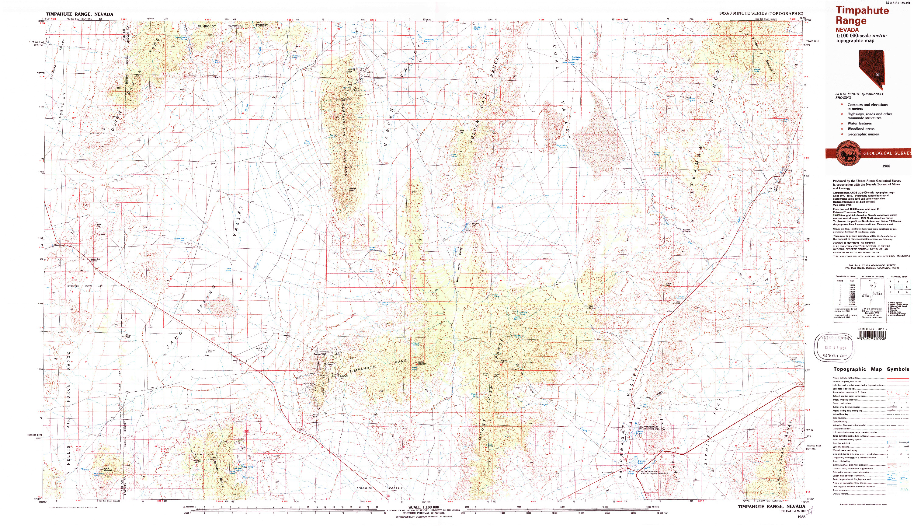 USGS 1:100000-SCALE QUADRANGLE FOR TIMPAHUTE RANGE, NV 1988