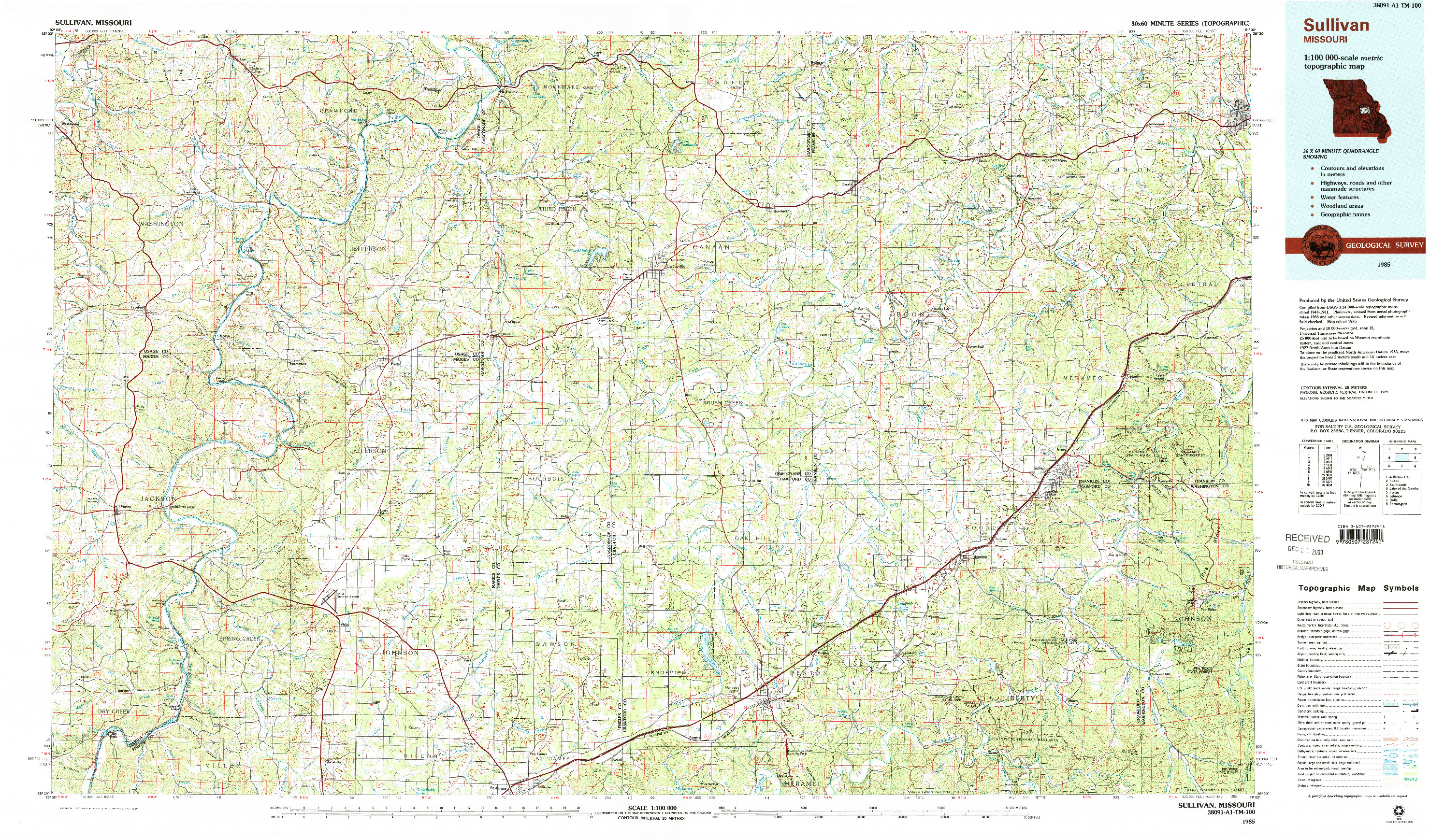 USGS 1:100000-SCALE QUADRANGLE FOR SULLIVAN, MO 1985