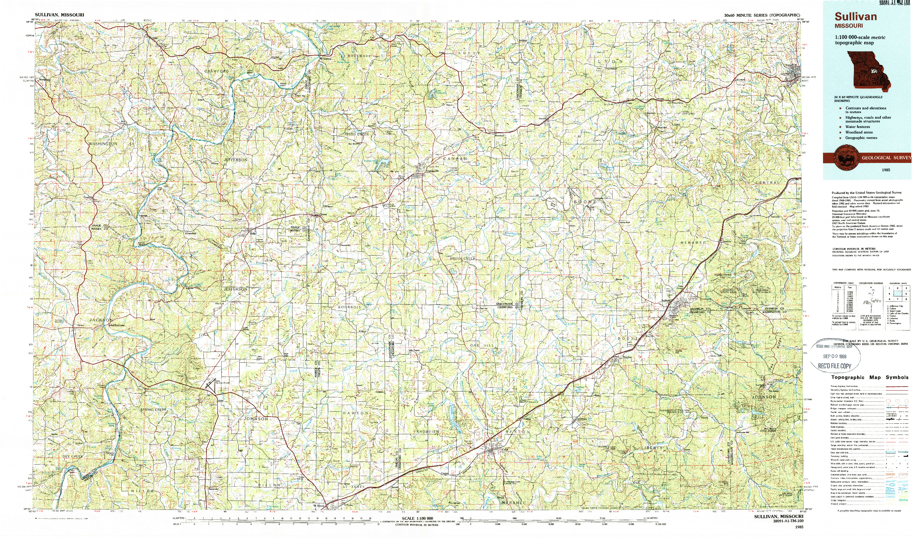 USGS 1:100000-SCALE QUADRANGLE FOR SULLIVAN, MO 1985