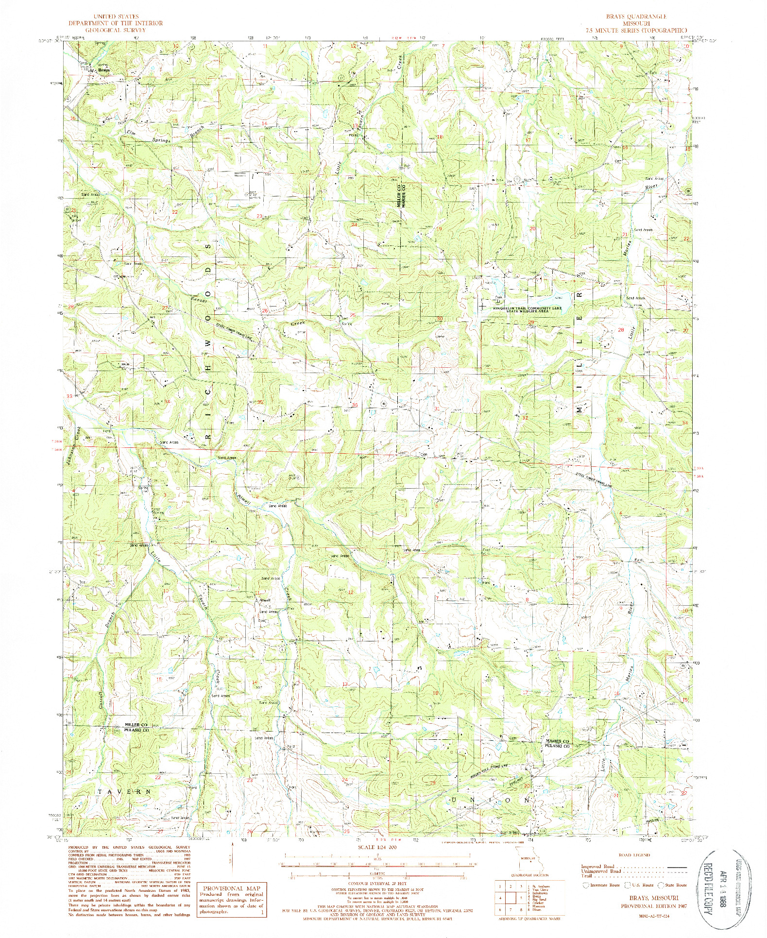 USGS 1:24000-SCALE QUADRANGLE FOR BRAYS, MO 1987