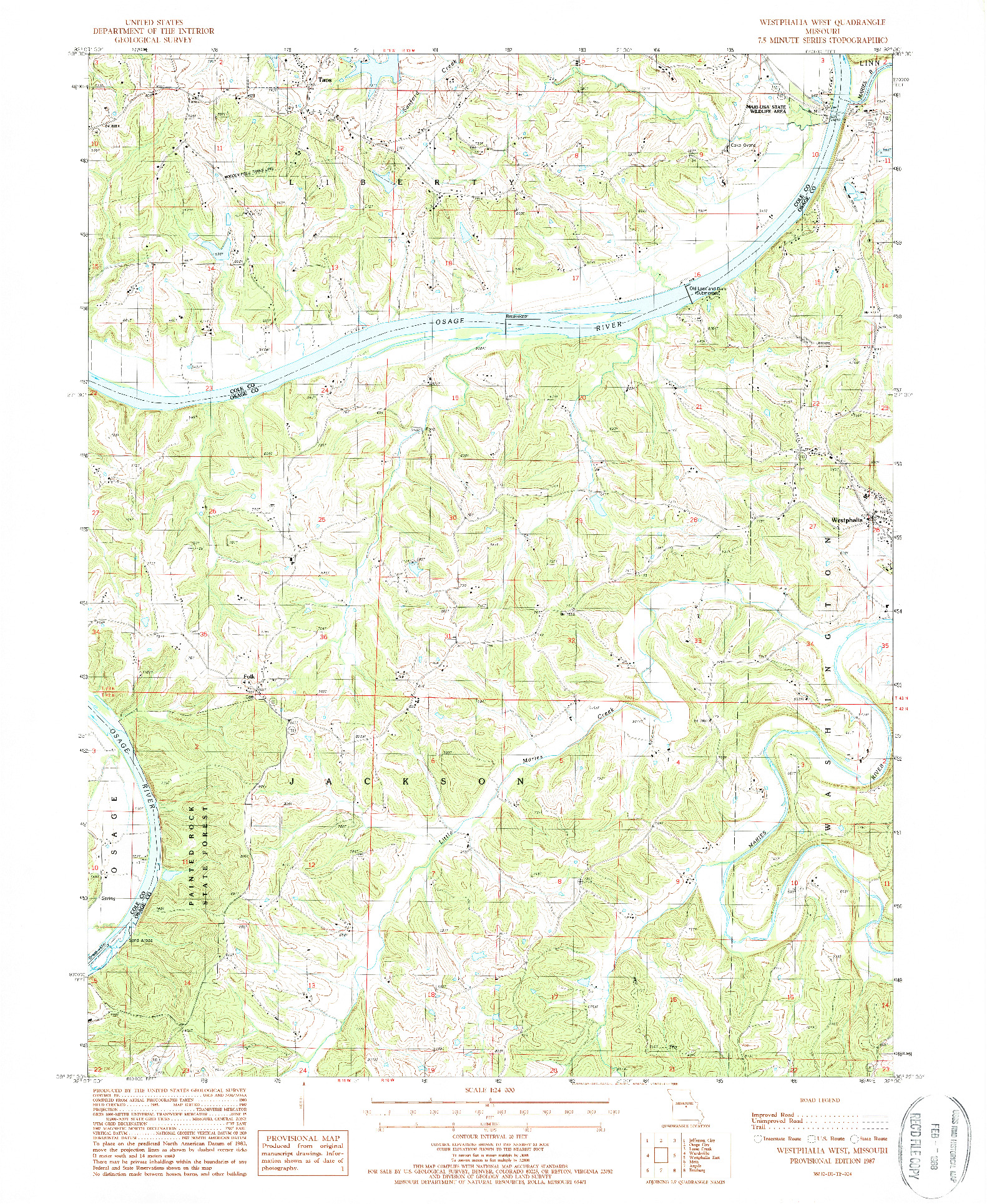 USGS 1:24000-SCALE QUADRANGLE FOR WESTPHALIA WEST, MO 1987