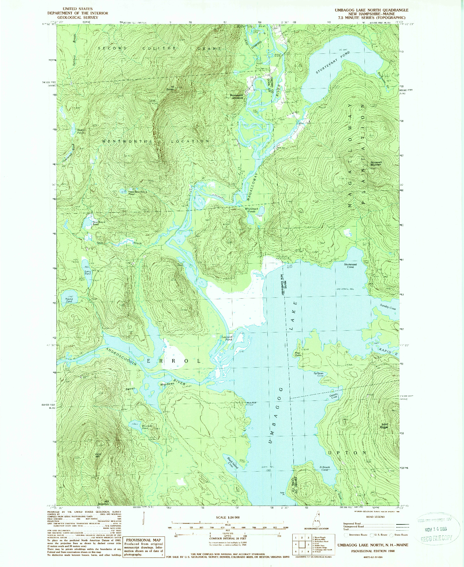 USGS 1:24000-SCALE QUADRANGLE FOR UMBAGOG LAKE NORTH, NH 1988