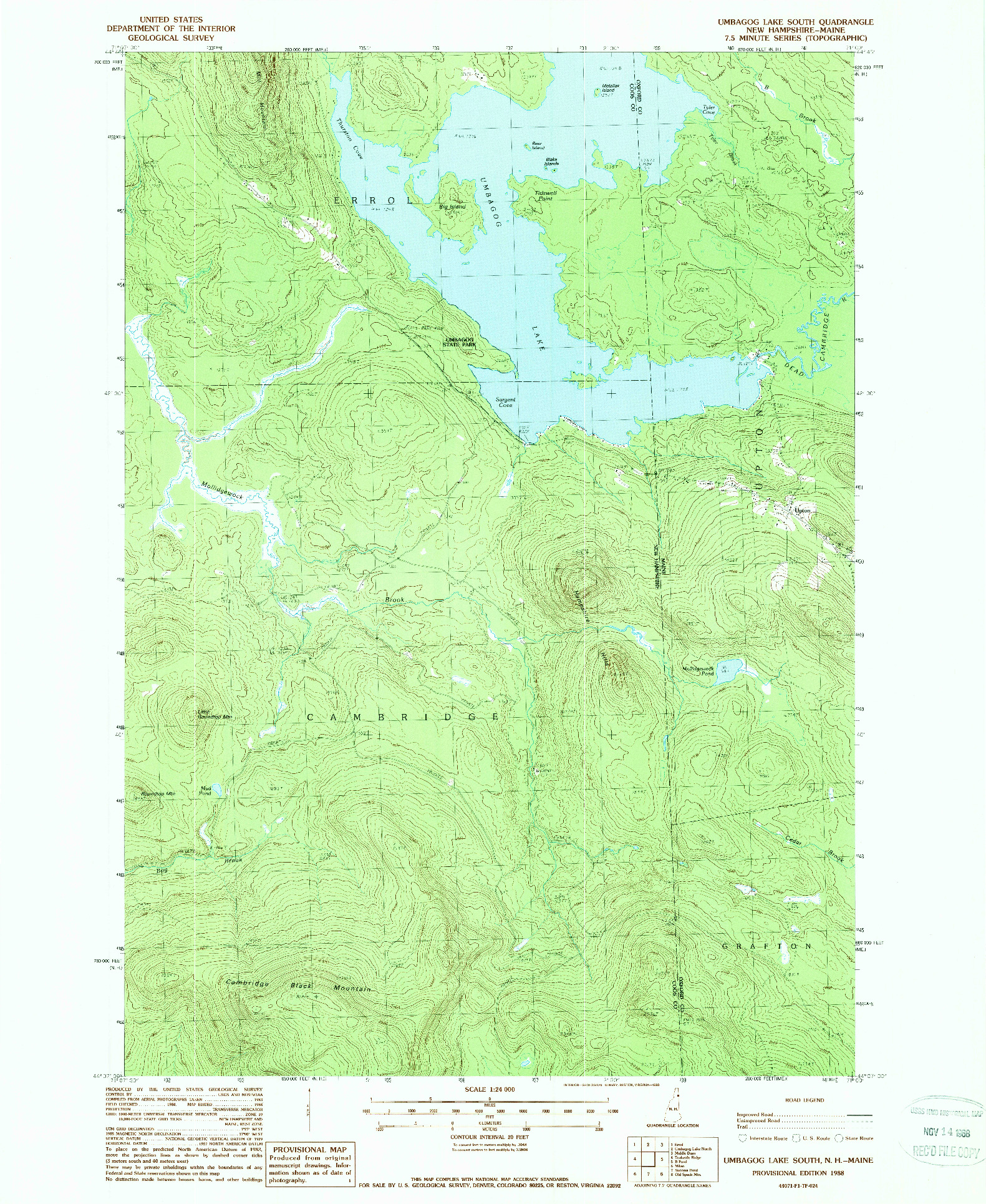 USGS 1:24000-SCALE QUADRANGLE FOR UMBAGOG LAKE SOUTH, NH 1988