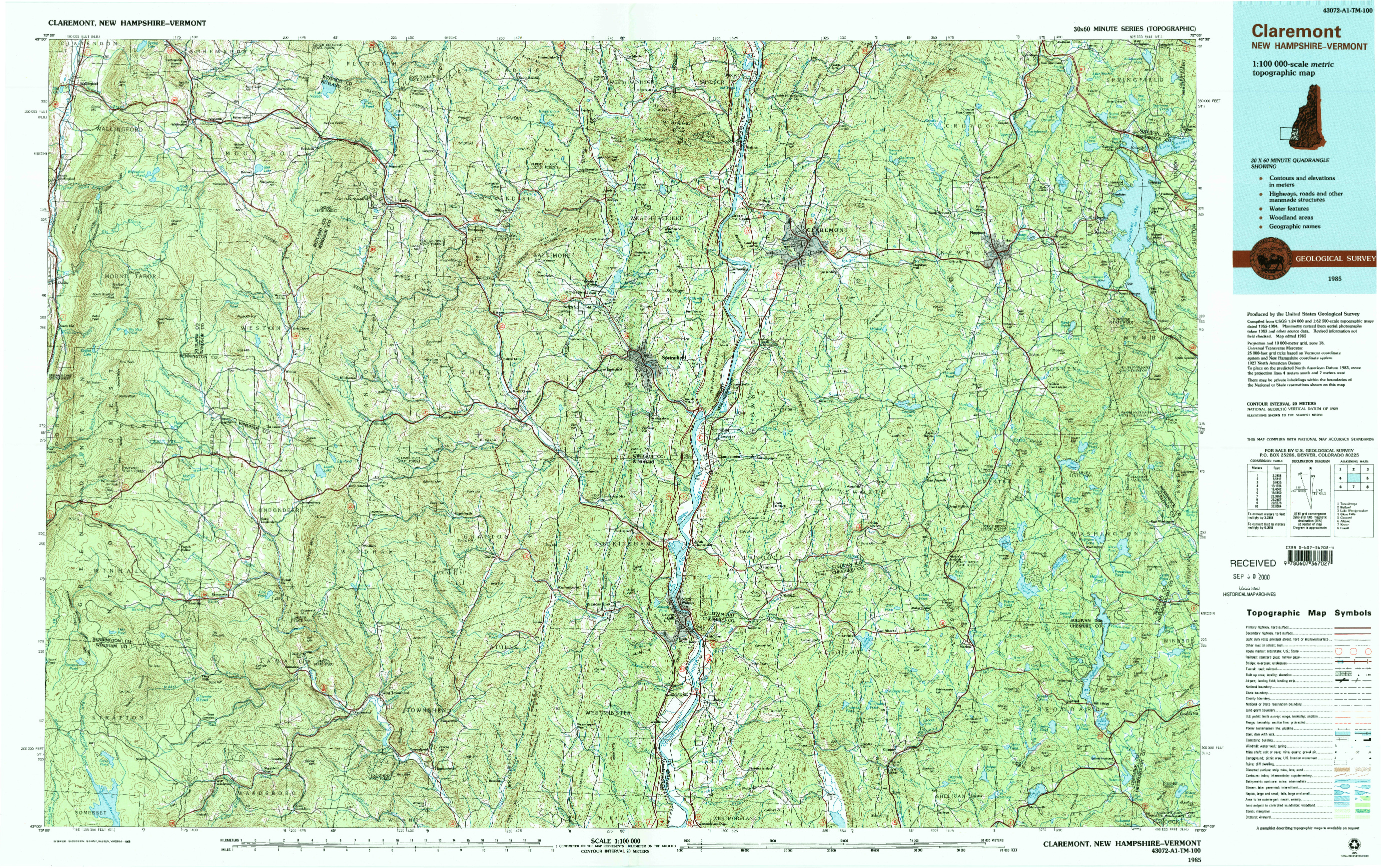 USGS 1:100000-SCALE QUADRANGLE FOR CLAREMONT, NH 1985