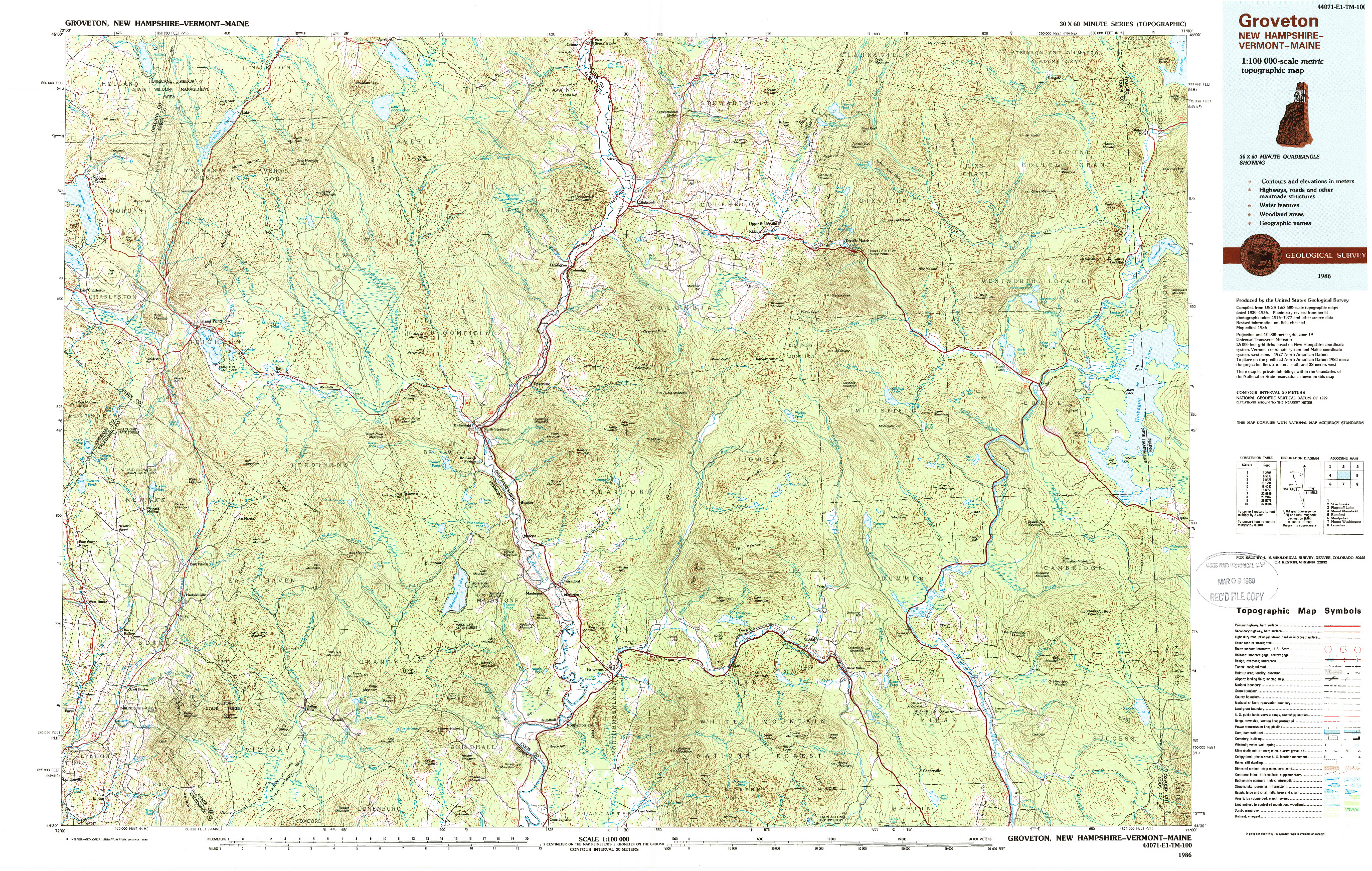 USGS 1:100000-SCALE QUADRANGLE FOR GROVETON, NH 1986