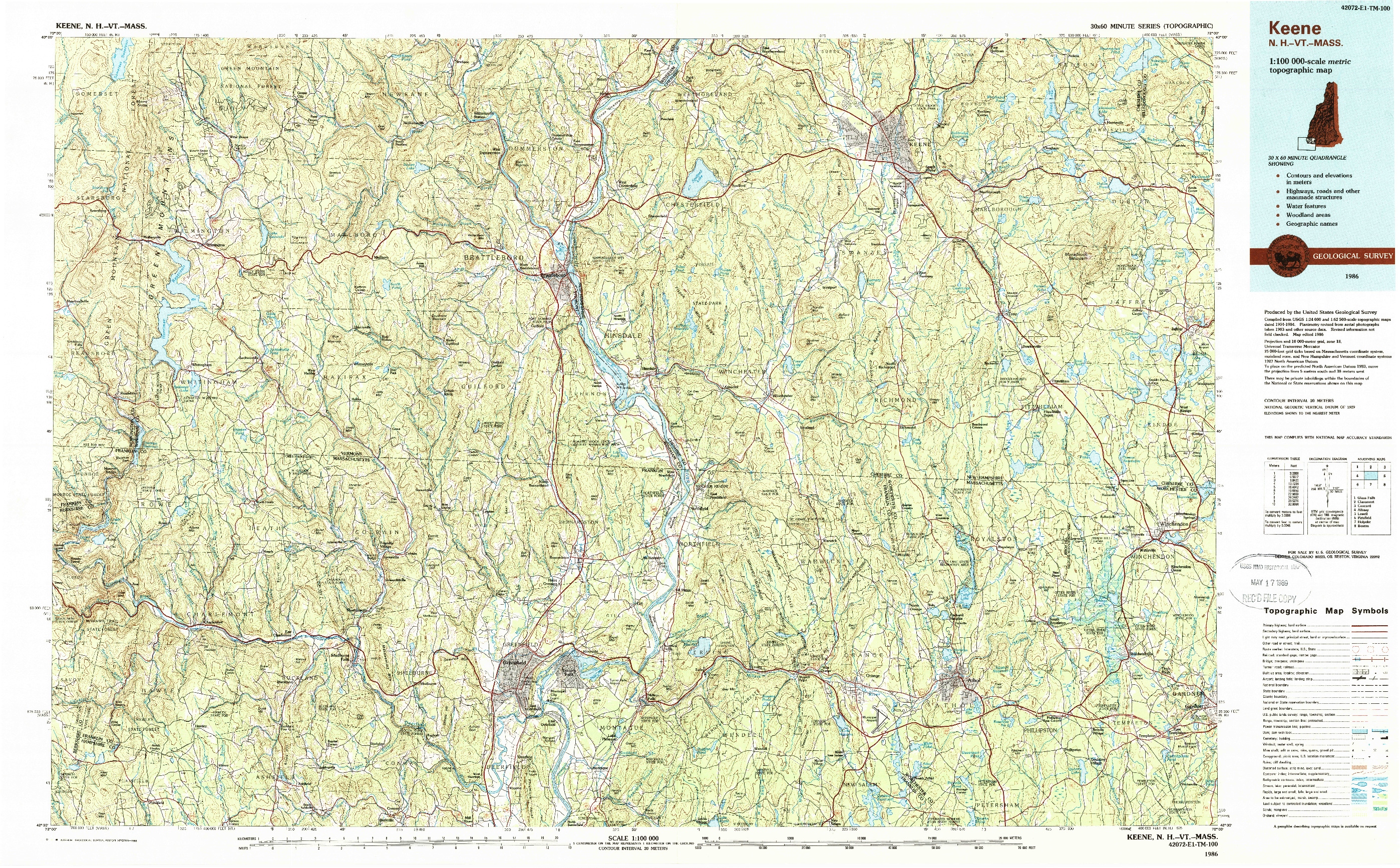 USGS 1:100000-SCALE QUADRANGLE FOR KEENE, NH 1986