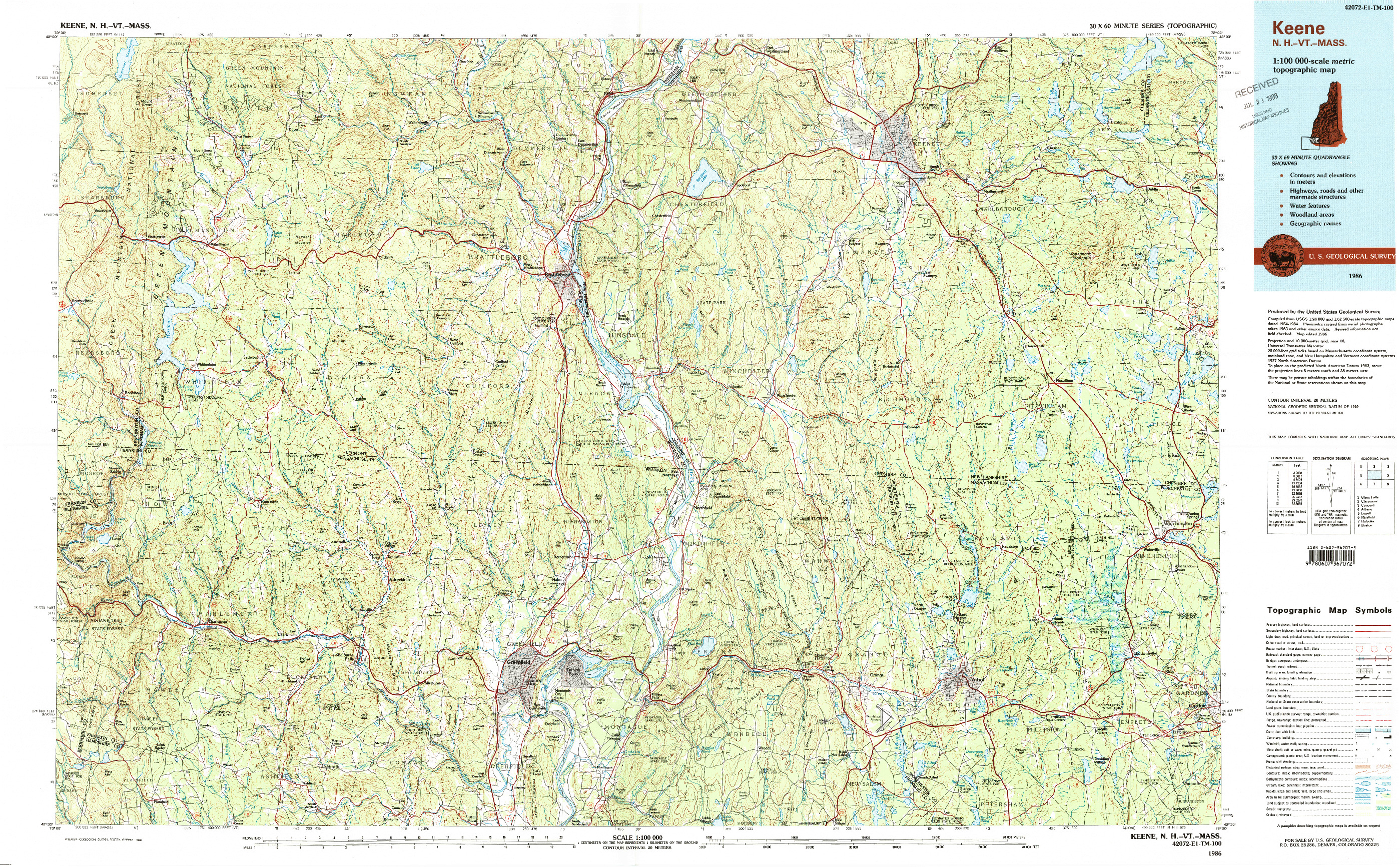 USGS 1:100000-SCALE QUADRANGLE FOR KEENE, NH 1986
