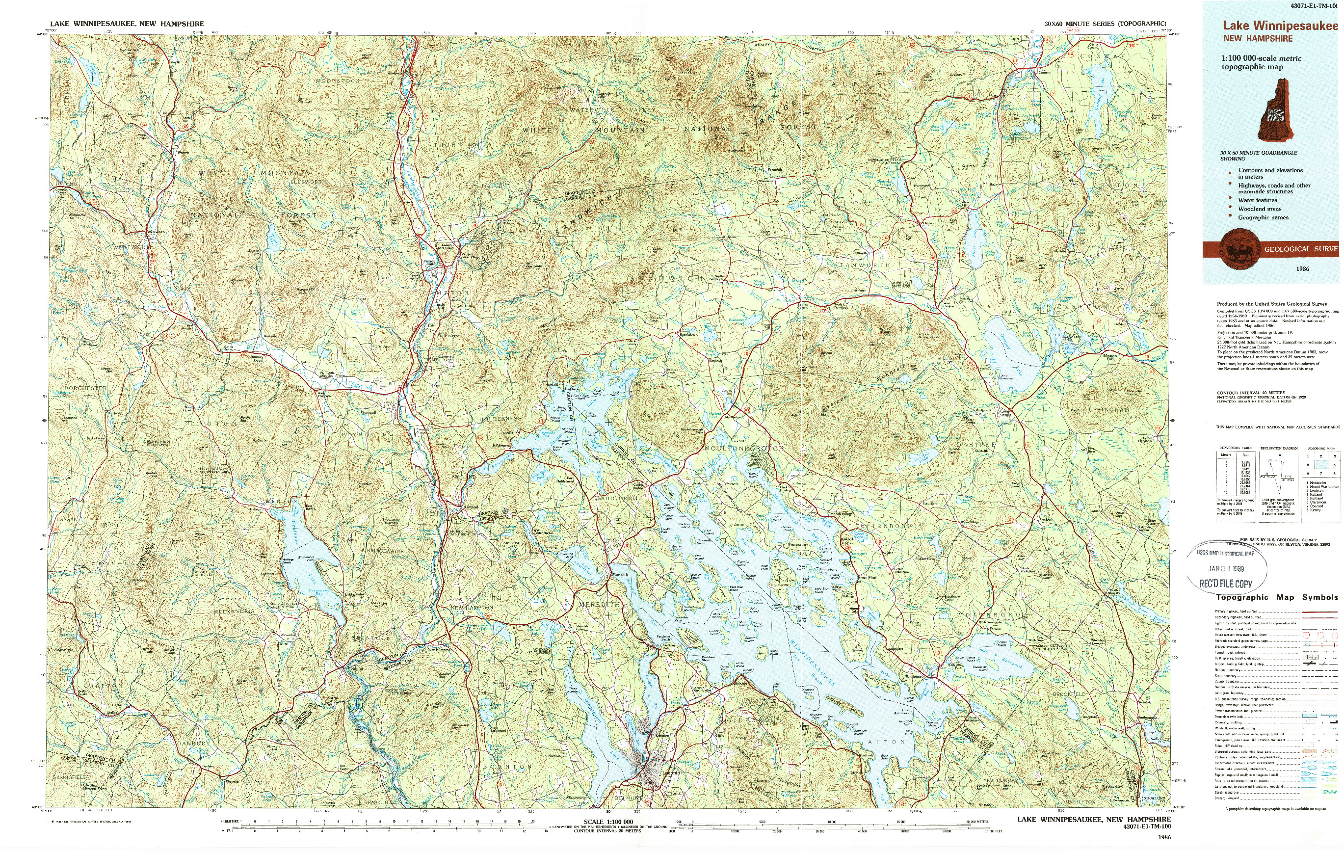 USGS 1:100000-SCALE QUADRANGLE FOR LAKE WINNIPESAUKEE, NH 1986