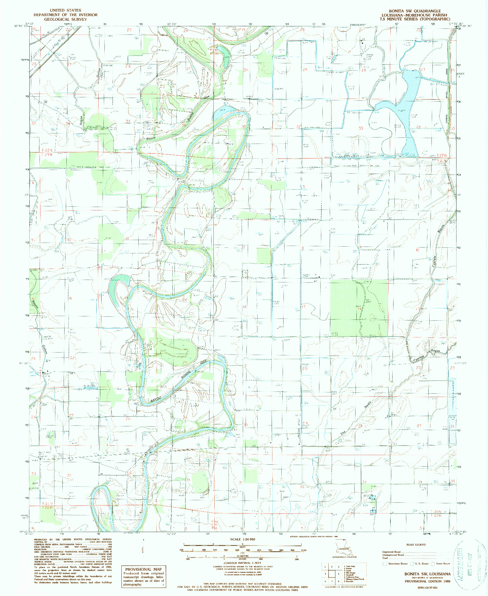 USGS 1:24000-SCALE QUADRANGLE FOR BONITA SW, LA 1988