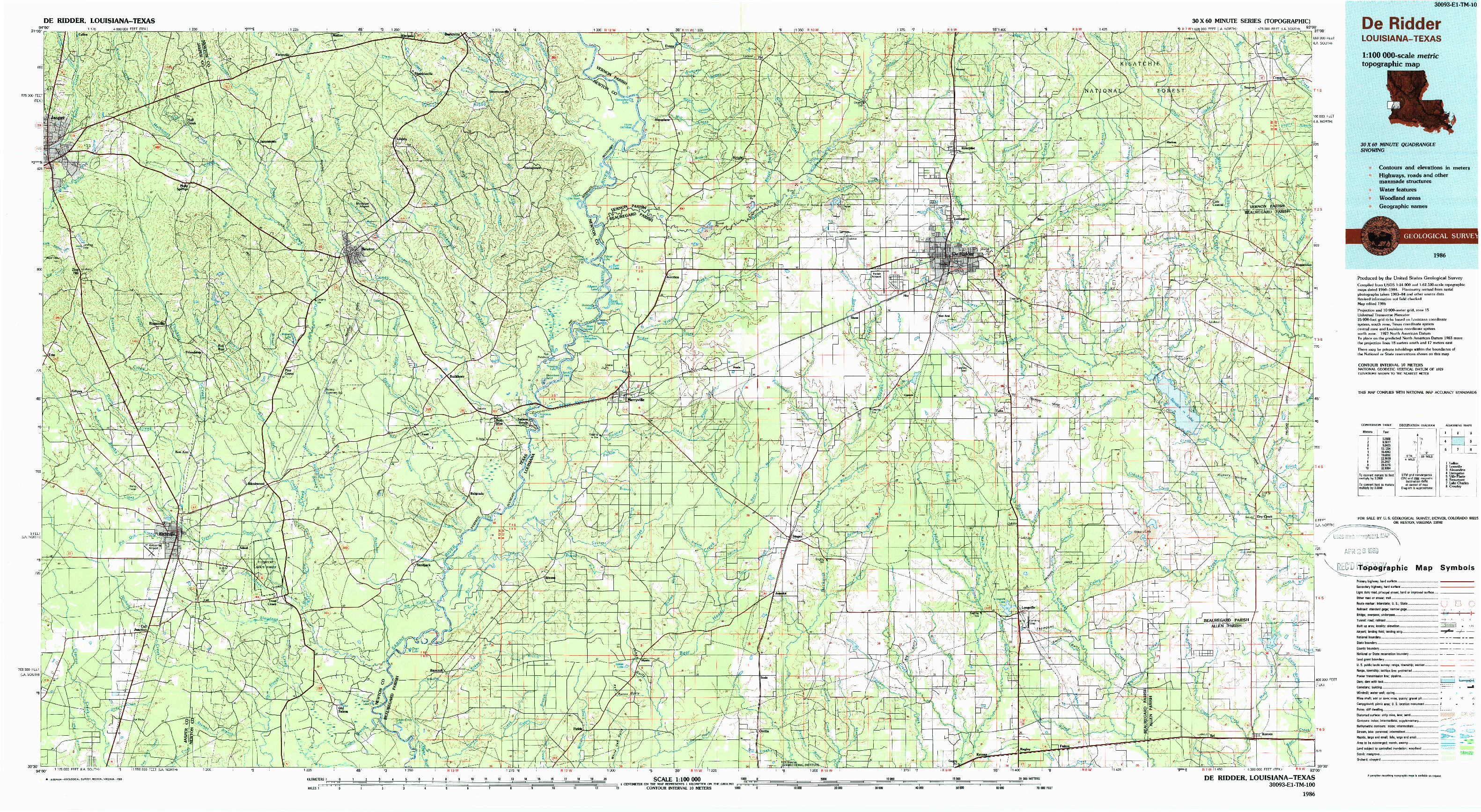 USGS 1:100000-SCALE QUADRANGLE FOR DERIDDER, LA 1986