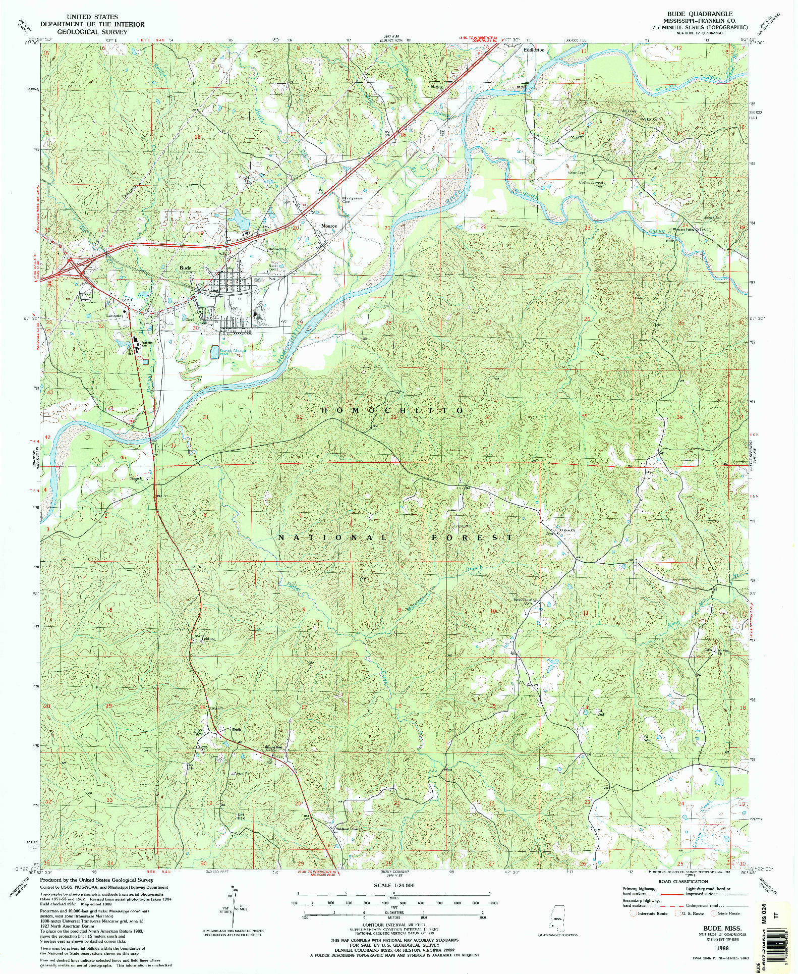 USGS 1:24000-SCALE QUADRANGLE FOR BUDE, MS 1988